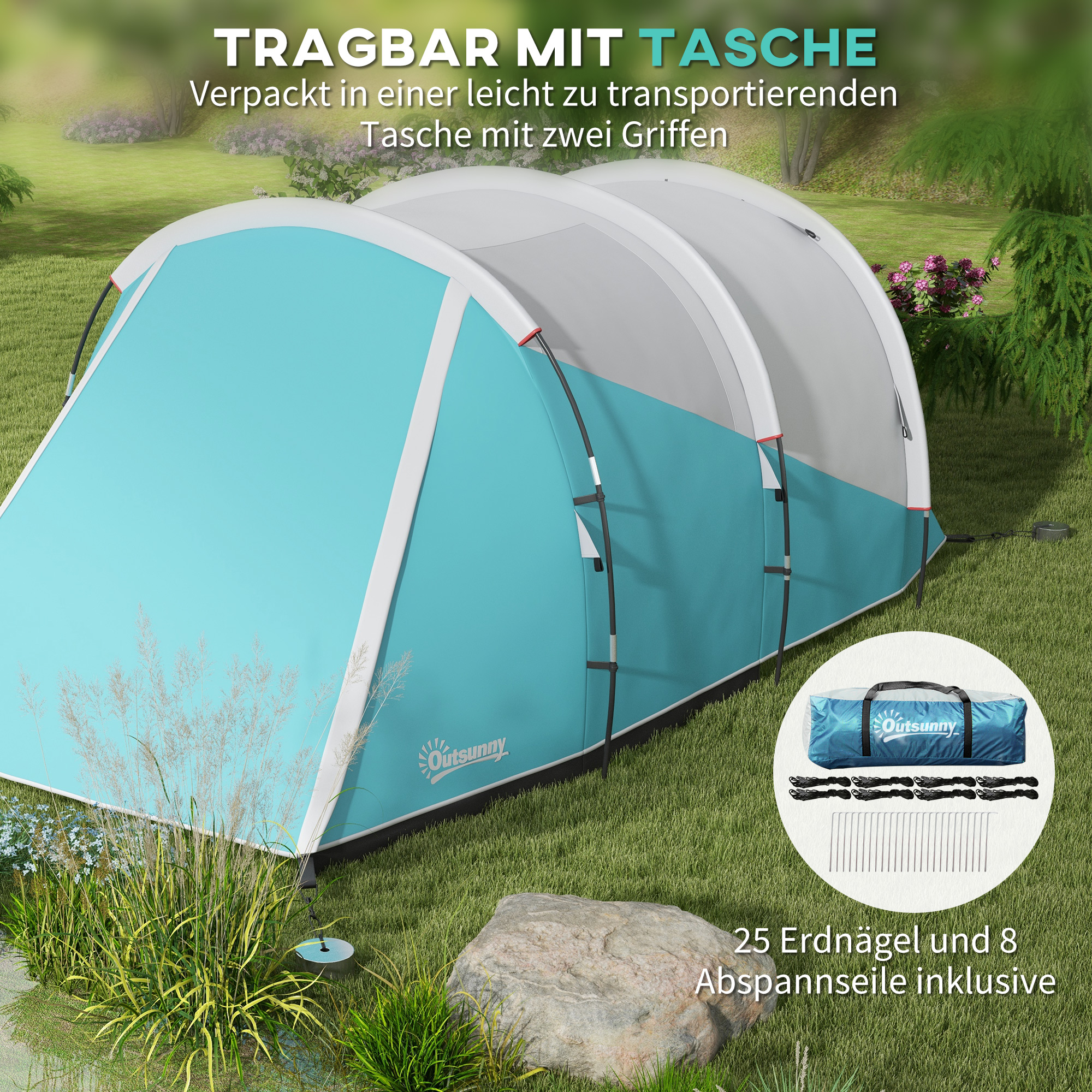 Campingzelt für 3 Personen, separate Wohn- & Schlafräume, 460L x 260B x 190H cm, Blau