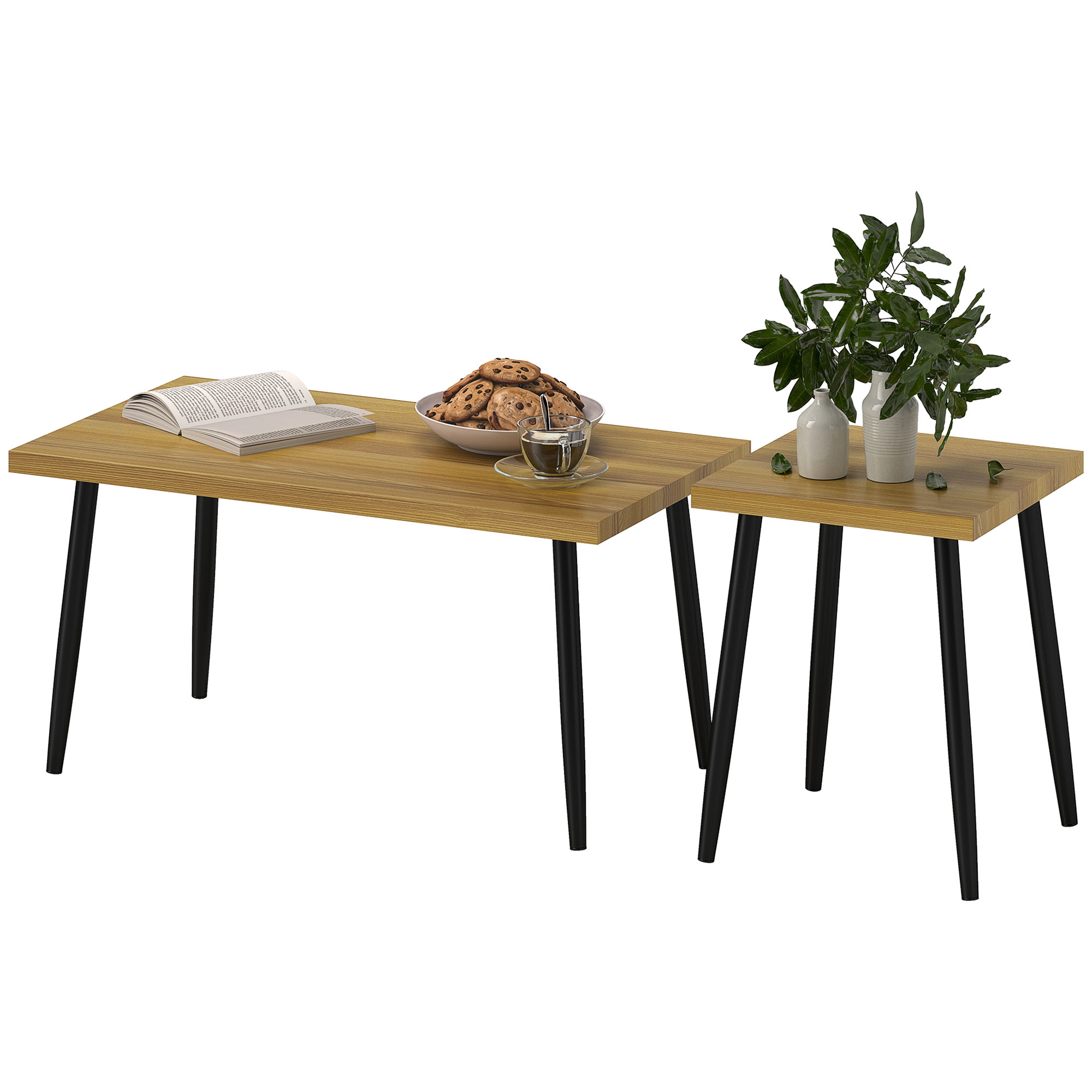 2er-Set Kaffeetische, Großer und kleiner Tisch mit Metallrahmen und Holzplatte, Flexible Couchtische, Naturholz 2er-Set Kaffeetische, Großer und kleiner Tisch mit Metallrahmen und Holzplatte, Flexible Couchtische, Naturholz