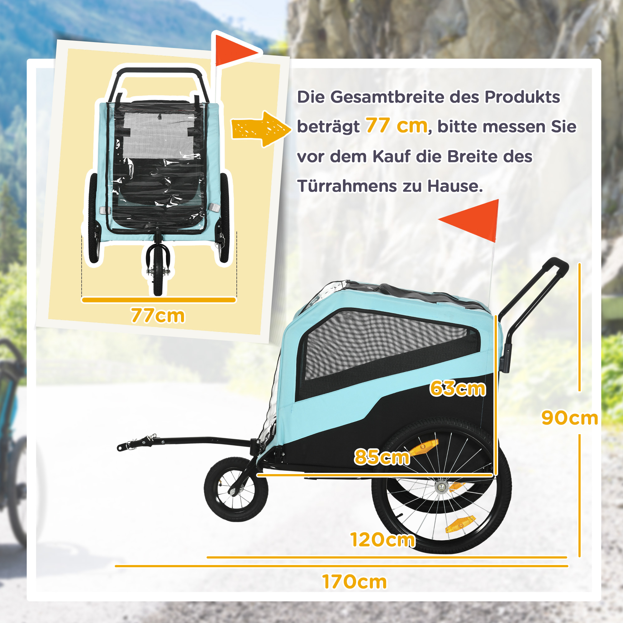 2-in-1 Hundeanhänger Hundewagen Fahrradanhänger bis 30kg klappbar Schiebefunktion 2 Eingänge Netzfenster Sonnenschutz Stahlrahmen hellblau 170 x 77 x 90 cm