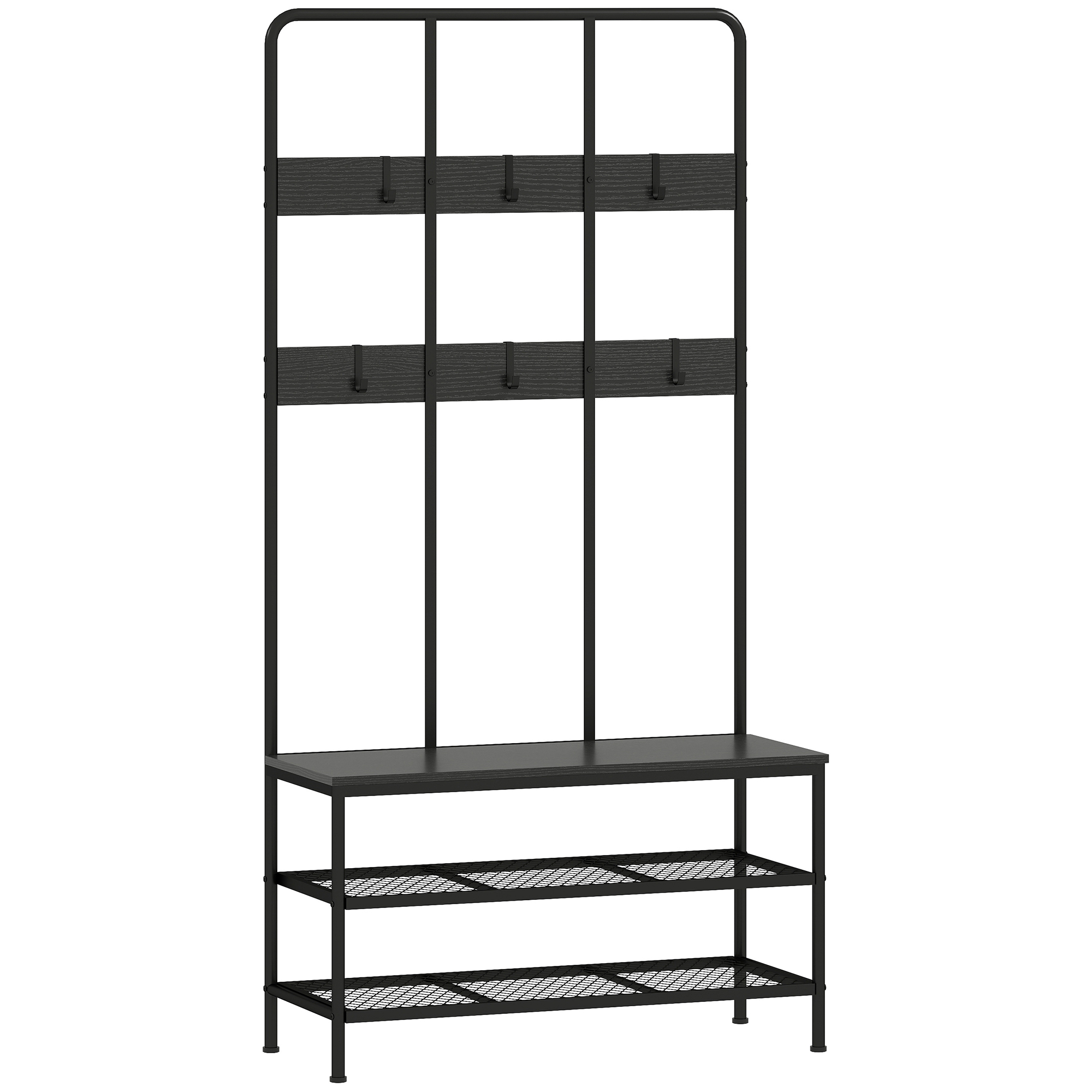 3-in-1 Garderobenständer, Kleiderhaken, Sitzbank, Schuhregal, Metall, Spanplatte, Schwarz 3-in-1 Garderobenständer, Kleiderhaken, Sitzbank, Schuhregal, Metall, Spanplatte, Schwarz