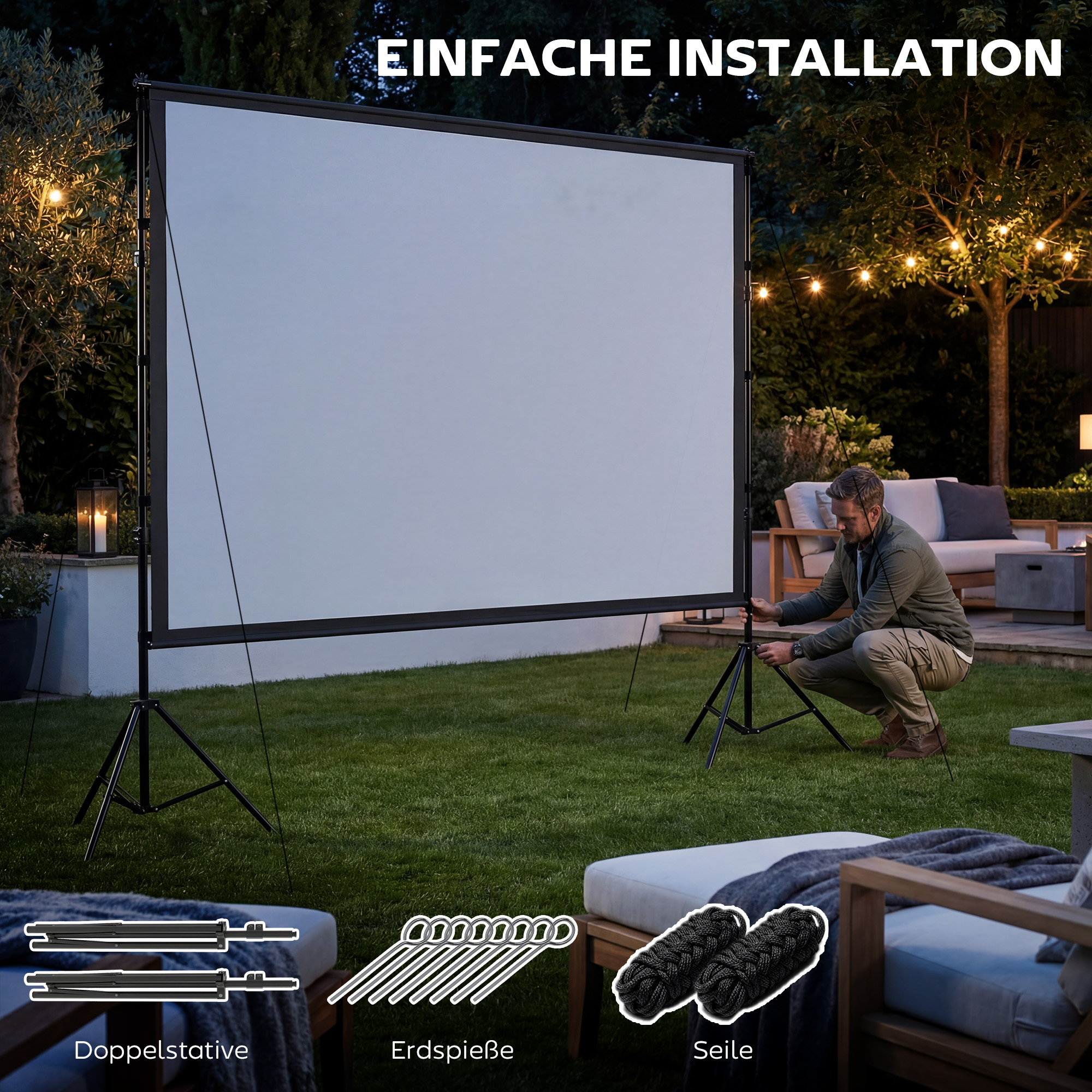 100 Zoll 16:9 HD 4K/8K Projektor-Leinwand mit Ständer, tragbare doppelseitige Leinwand mit klappbaren Stativen, Weiß