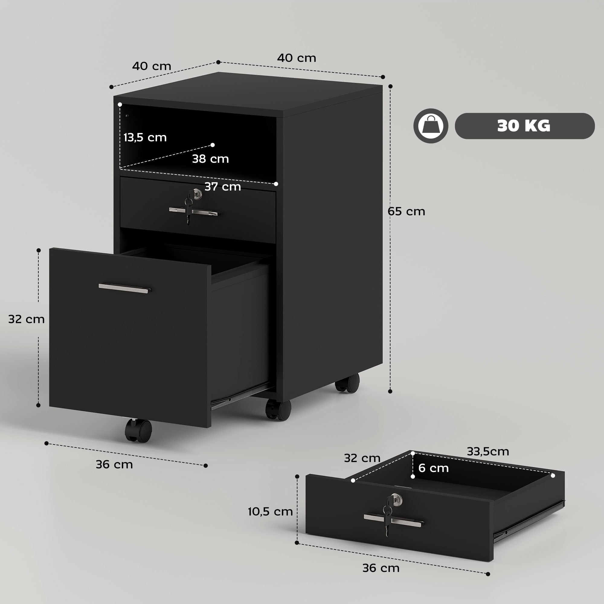 Büroschrank Rollcontainer, 2 Schubladen, eine Schublade abschließbar, 5 Rollen, Schwarz, 40 x 40 x 65 cm
