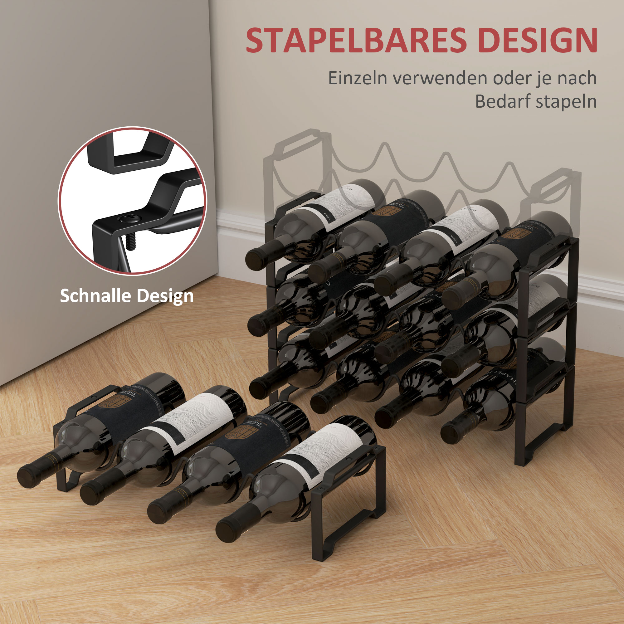 4-stufiges Weinregal, freistehendes Regal für 16 Weinflaschen, Metall, Schwarz