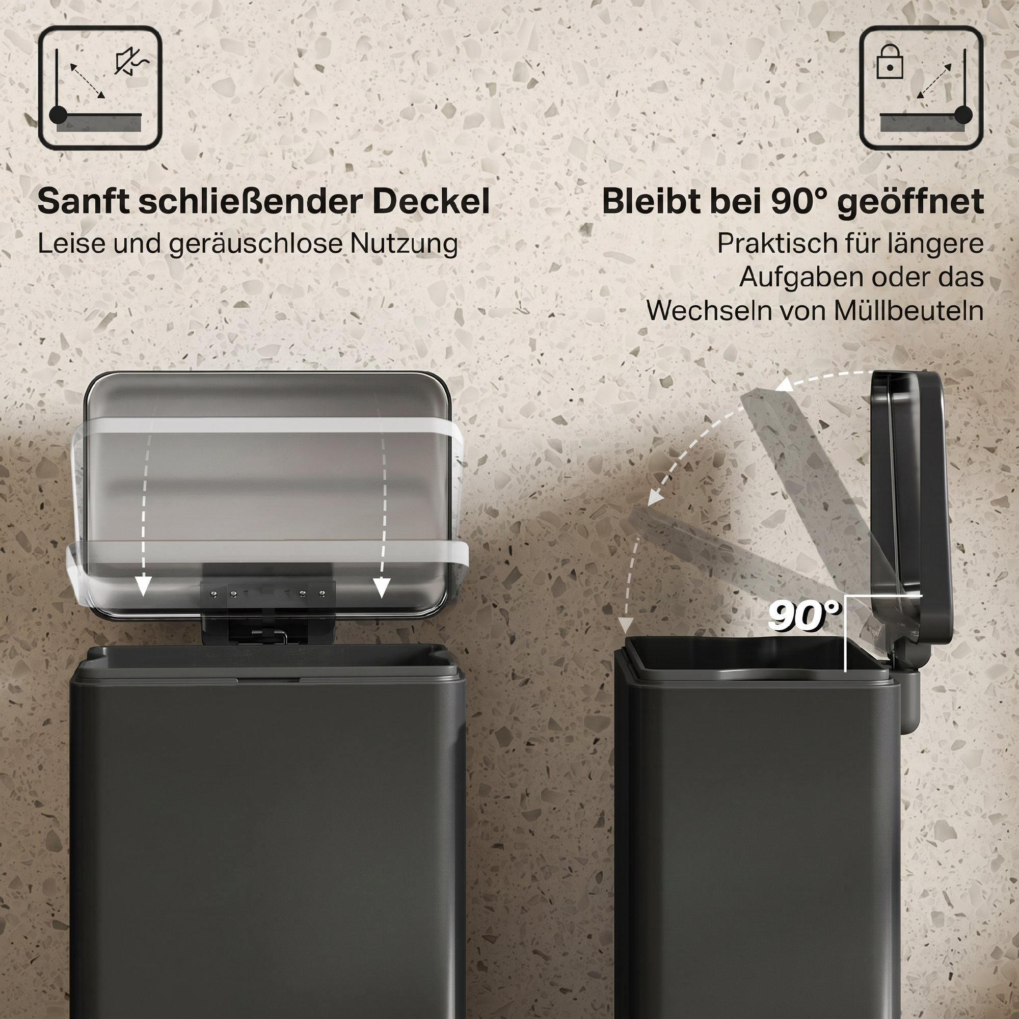 Mülleimer 20 L Treteimer mit Softclose-Deckel, Pedal, abnehmbar Inneneimer Mattschwarz, 34,2 x 30,6 x 44,2 cm