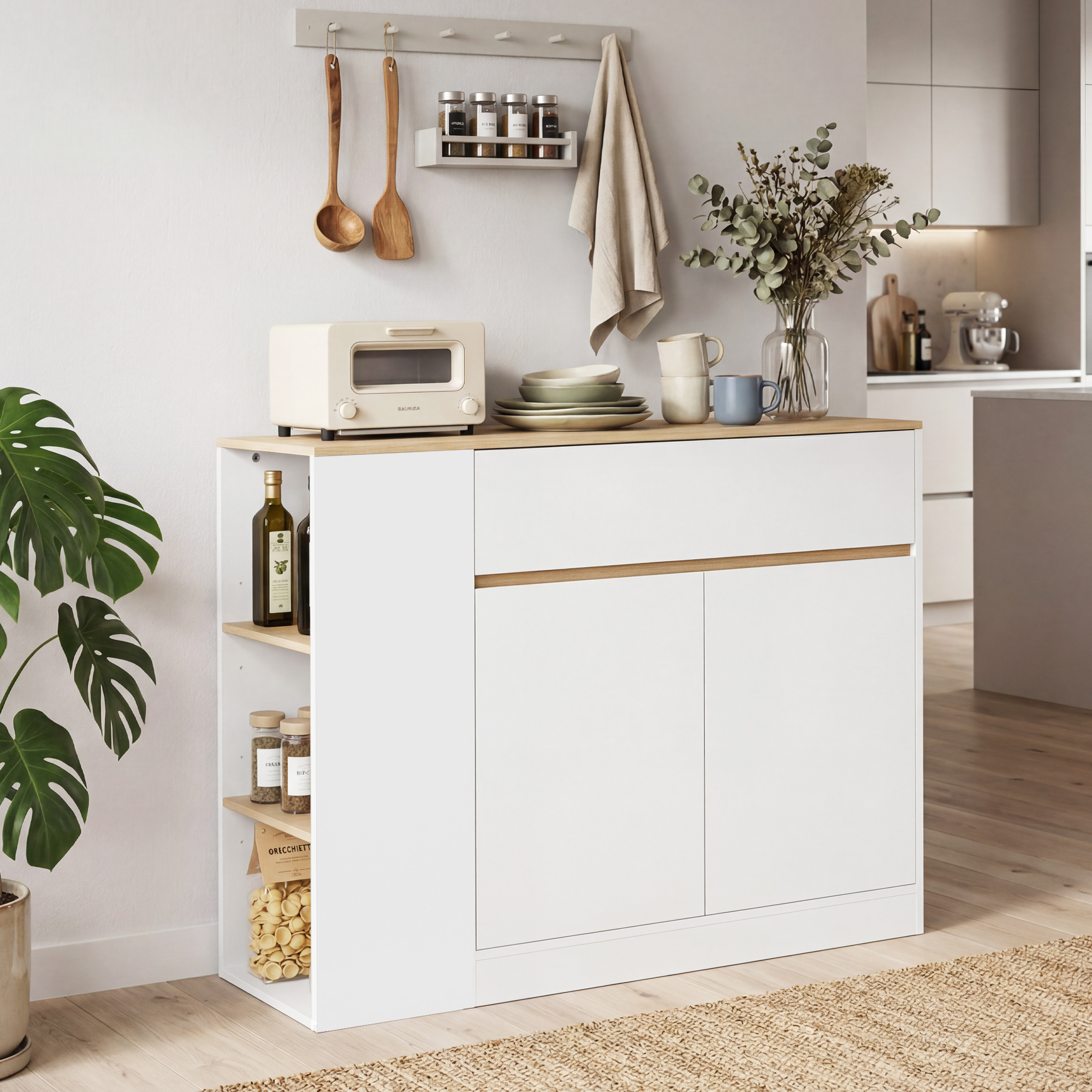 Sideboard, großes Schrankfach, 3 Ablagefächer, Schublade, 106 x 30 x 81,2cm, Weiß/Holz