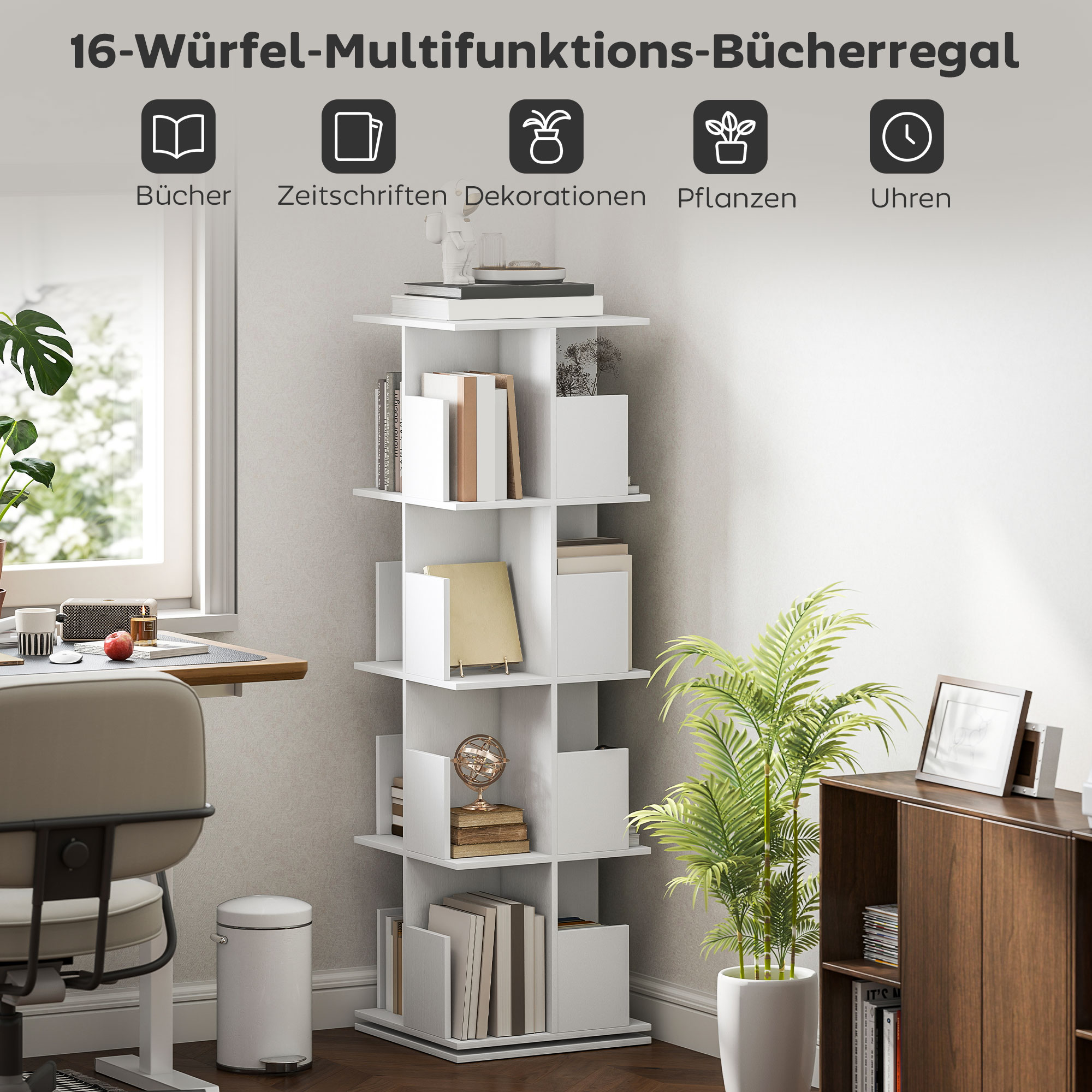 drehbares Bücherregal mit 4 Ebenen, 16 Fächer, leicht zugänglich, für Schlafzimmer, Wohnzimmer, Arbeitszimmer, Spanplatte, Weiß