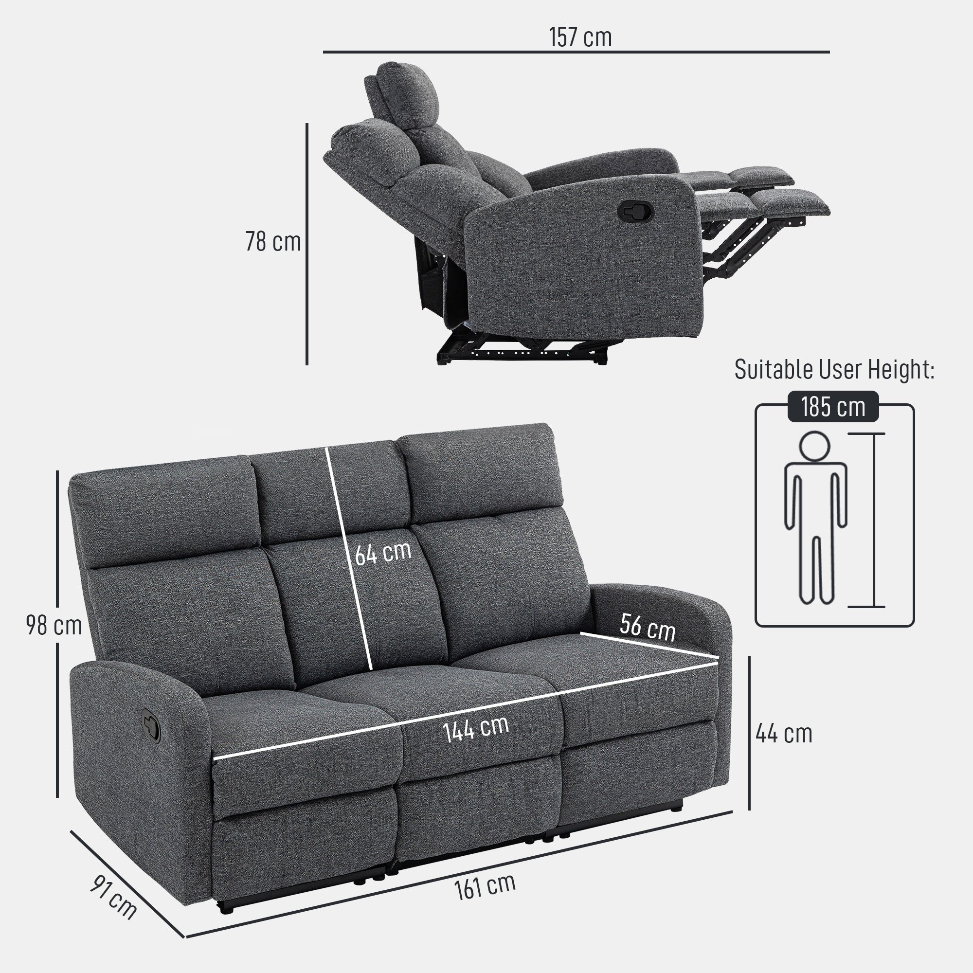 3-Sitzer-Sofa, individuell verstellbare Rückenlehnen, Fußstütze, Stoffbezug, Metall, Grau