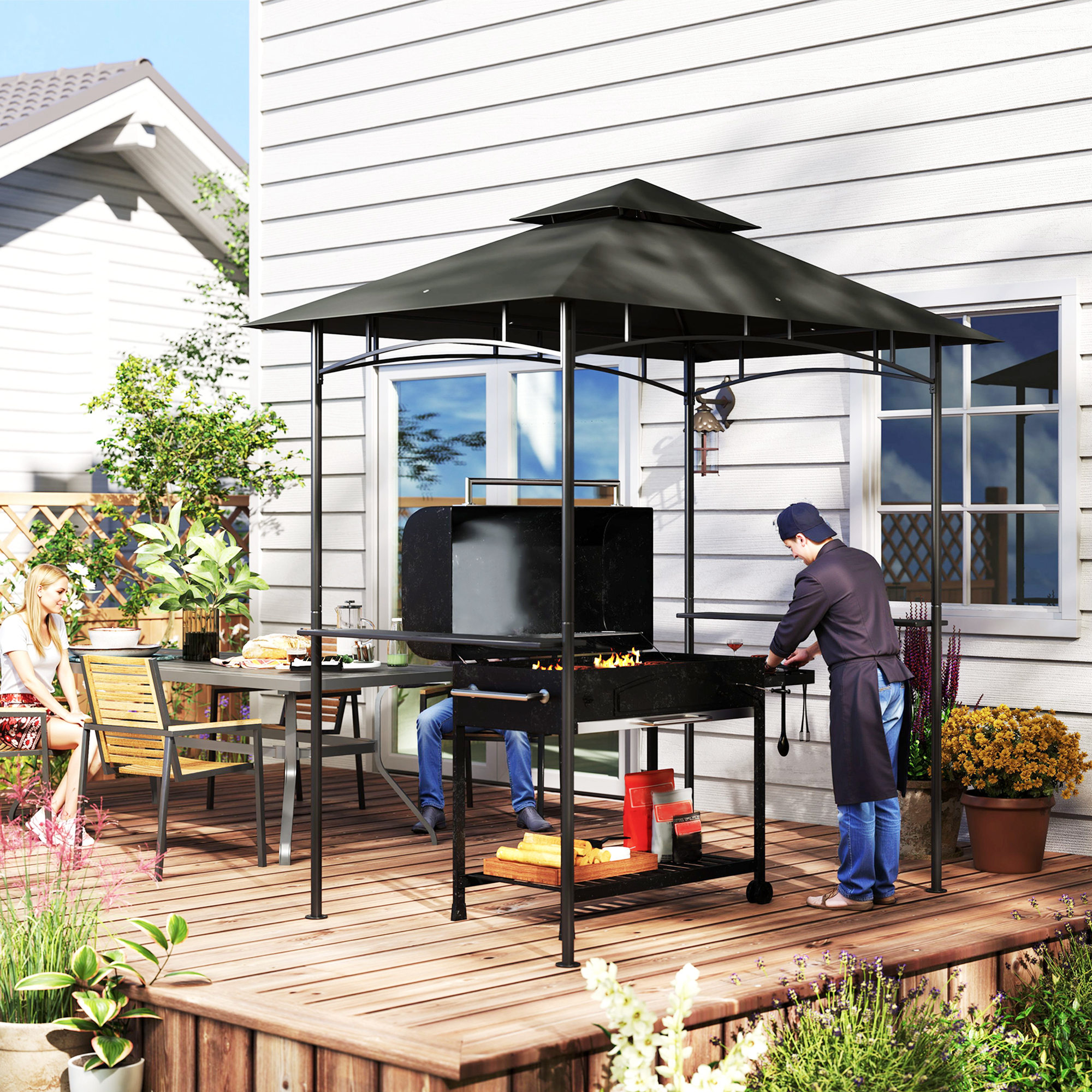 Grillpavillon mit LED 240 x 150 x 258 cm wasserabweisend flammhemmend Gartenpavillon mit Doppelschichtdach