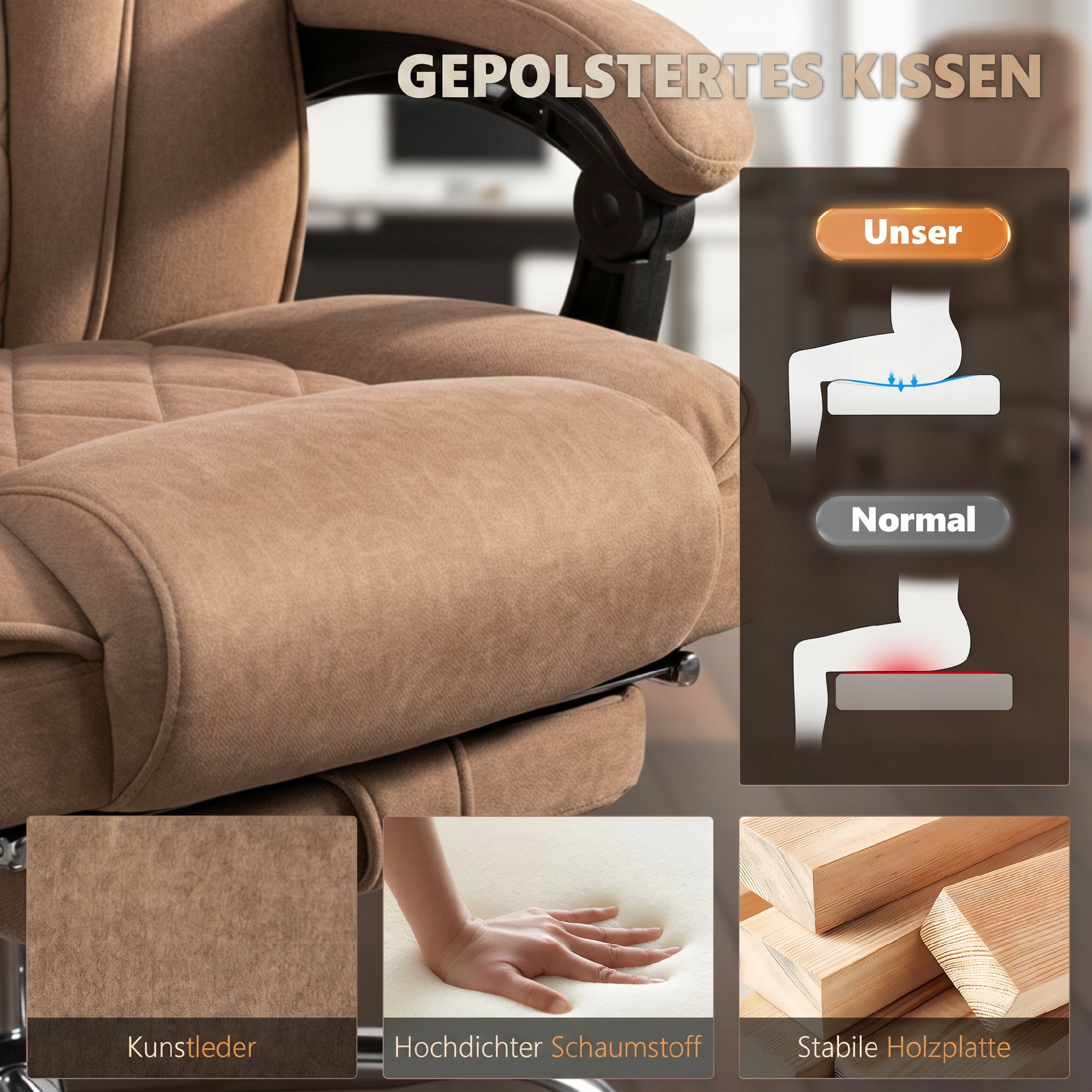 Ergonomischer Bürostuhl mit Massagefunktion, Fußstütze, drehbar, rollbar, Braun
