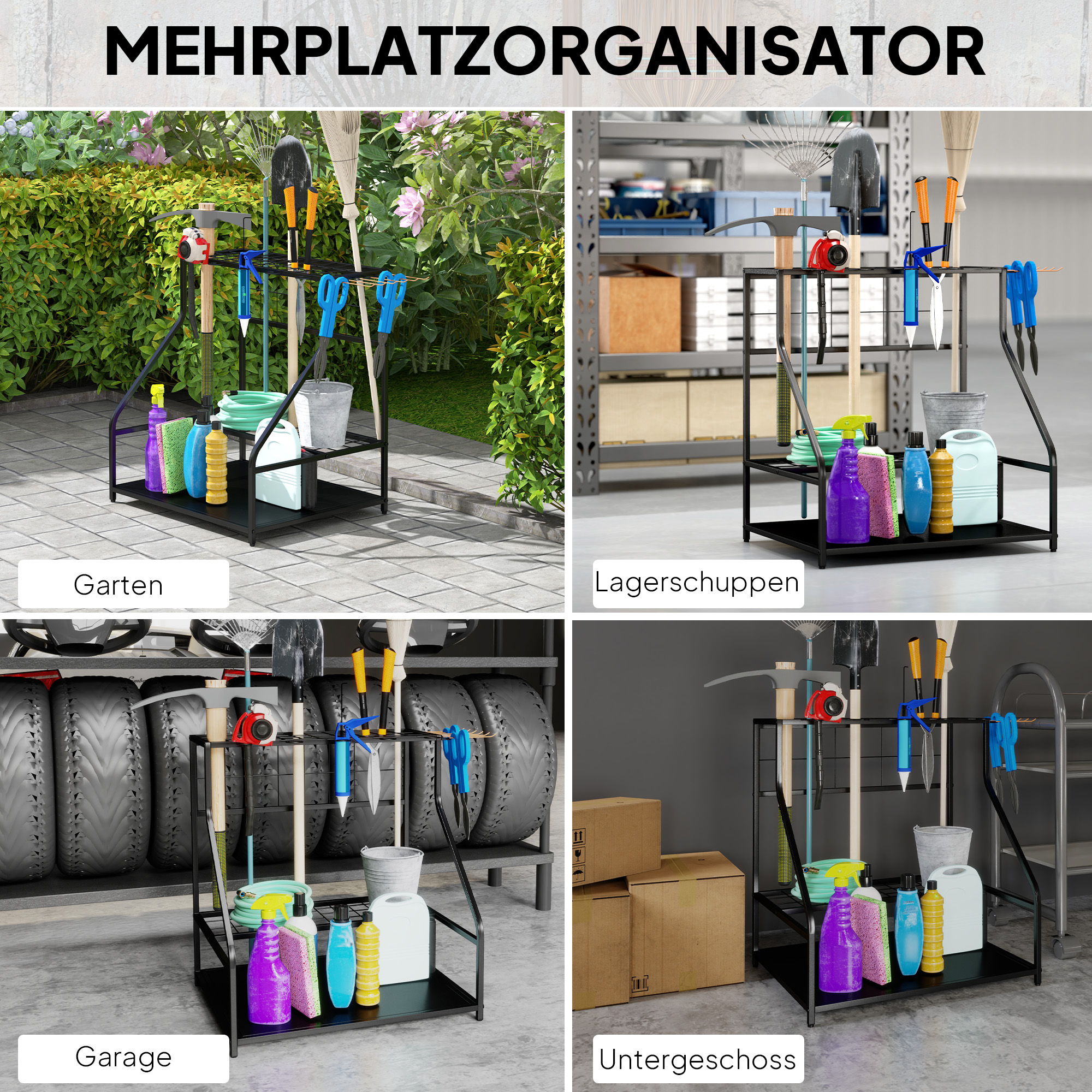 Aufbewahrungsgestell für Gartengeräte, 3-stufiges Regal für Werkzeug, Gartenwerkzeug-Organizer, Metall, Orange