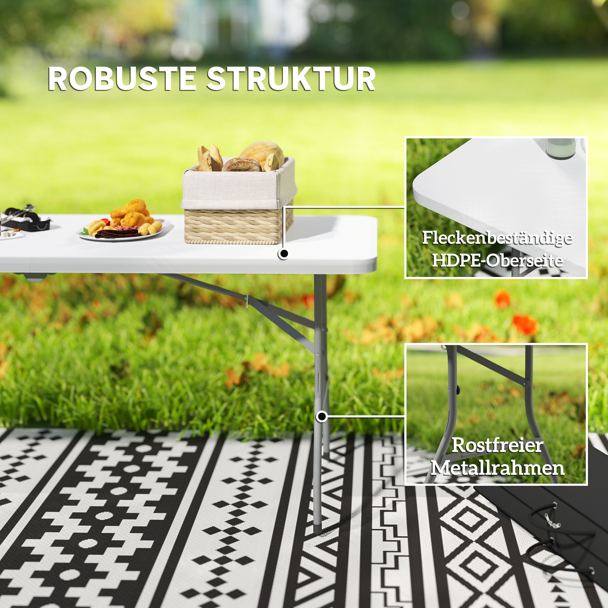 Klapptisch, Faltbarer Campingtisch, Metall, Kunststoff, Picknicktisch, Weiß