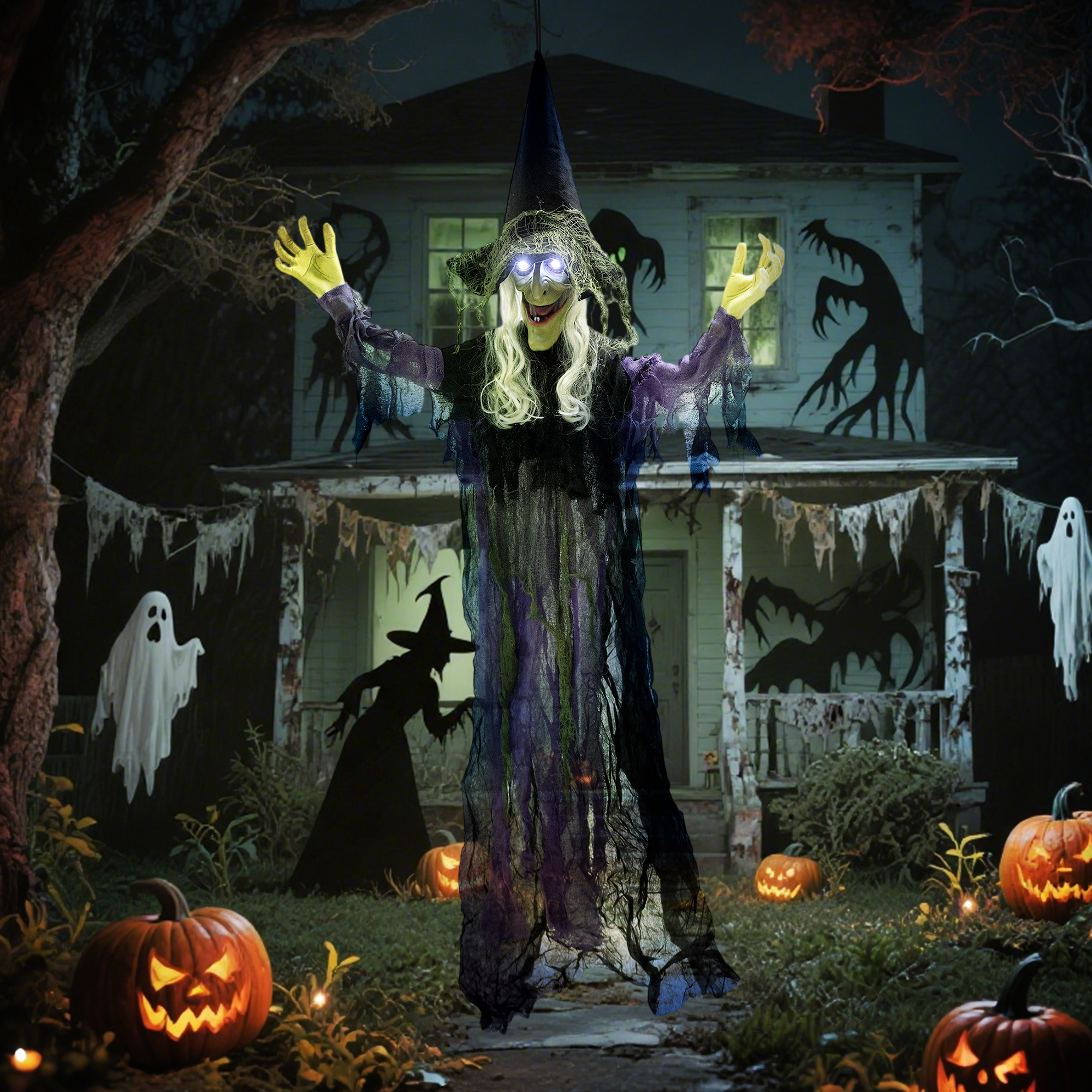 183cm Halloween Dekoration Hängende Halloween Hexe mit LED-Lichter, Soundfunktion verstellbare Arme, Mund