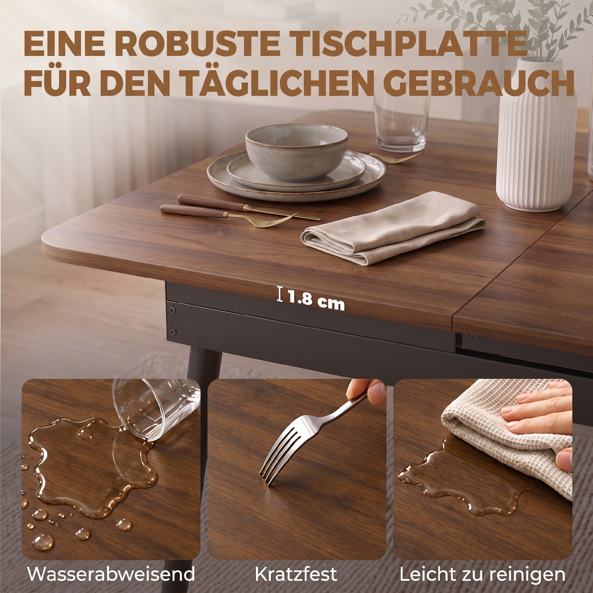 ausziehbarer Esstisch 130-160 cm, Küchentisch mit abgerundeten Ecken, Hellwalnuss