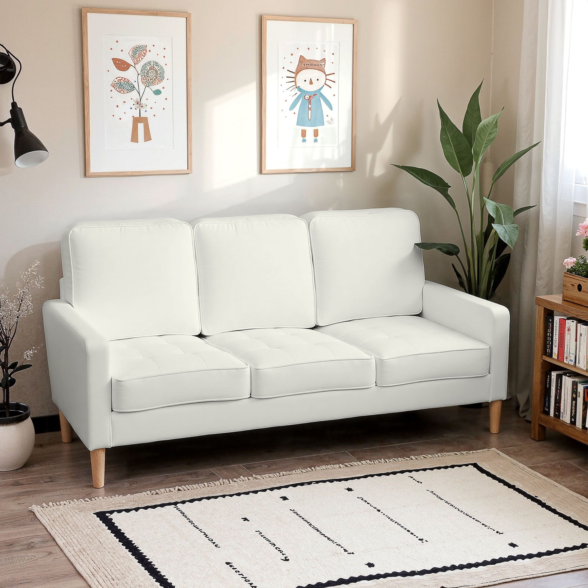 3-Sitzer-Sofa mit dicken Kissen, Kautschukholz, Stoffbezug, Polstersofa für Wohnzimmer, Büro, Schlafzimmer, Cremeweiß