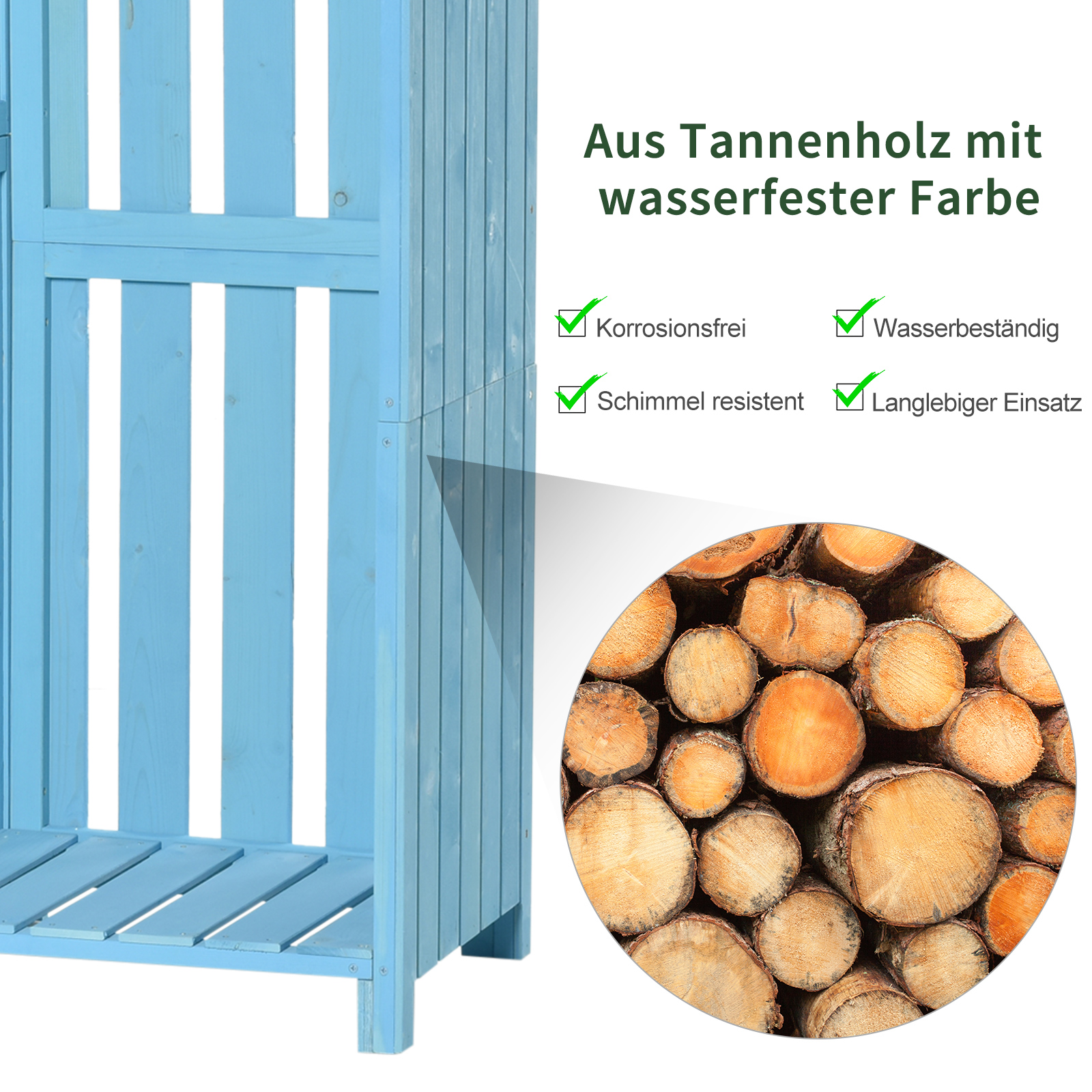 Gartenhaus Gerätehaus Geräteschuppen mit Brennholzlagerraum Geräteschuppen mit 3 Ablagen Asphaltdach Tannenholz Himmelblau 130 x 54,5 x 180 cm