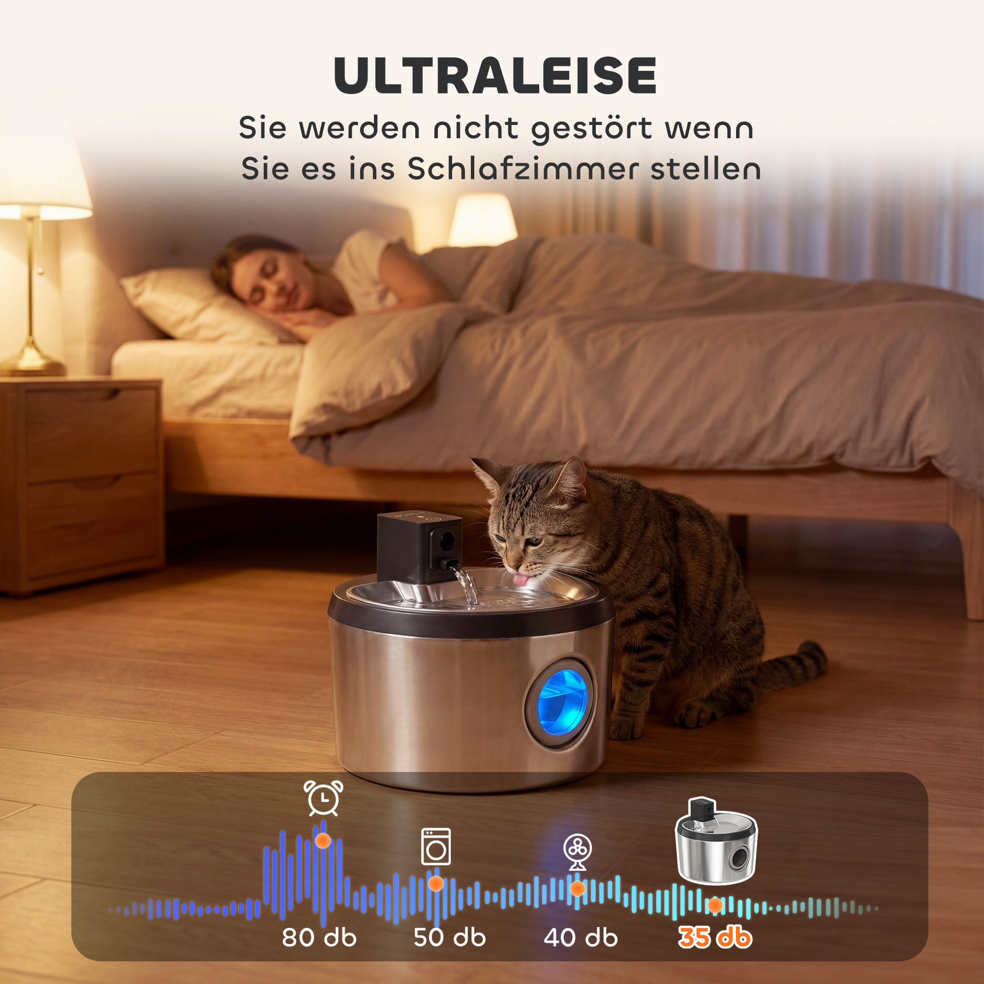 Katzenbrunnen 4l, kabellos, Edelstahl, Trinkbrunnen mit Bewegungsmelder 6 Filtern zweifaches Filtersystem LED Silber