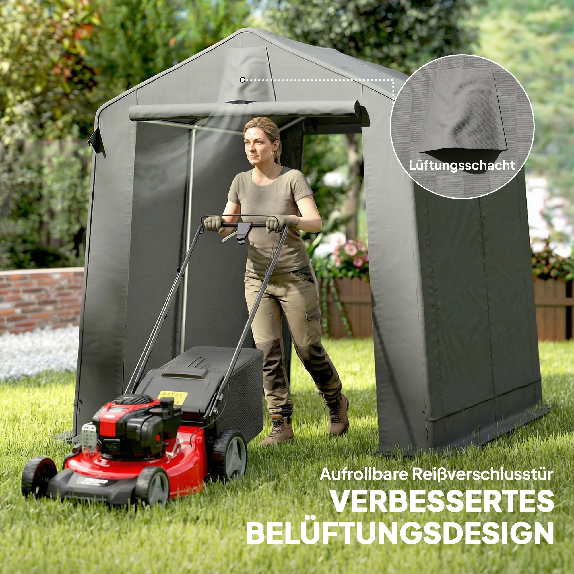 Garagenzelt 2,3 x 1,9 m wasserabweisend Gerätezelt mit Rollbar Reißverschlusstür Belüftung Satteldach Dunkelgrau