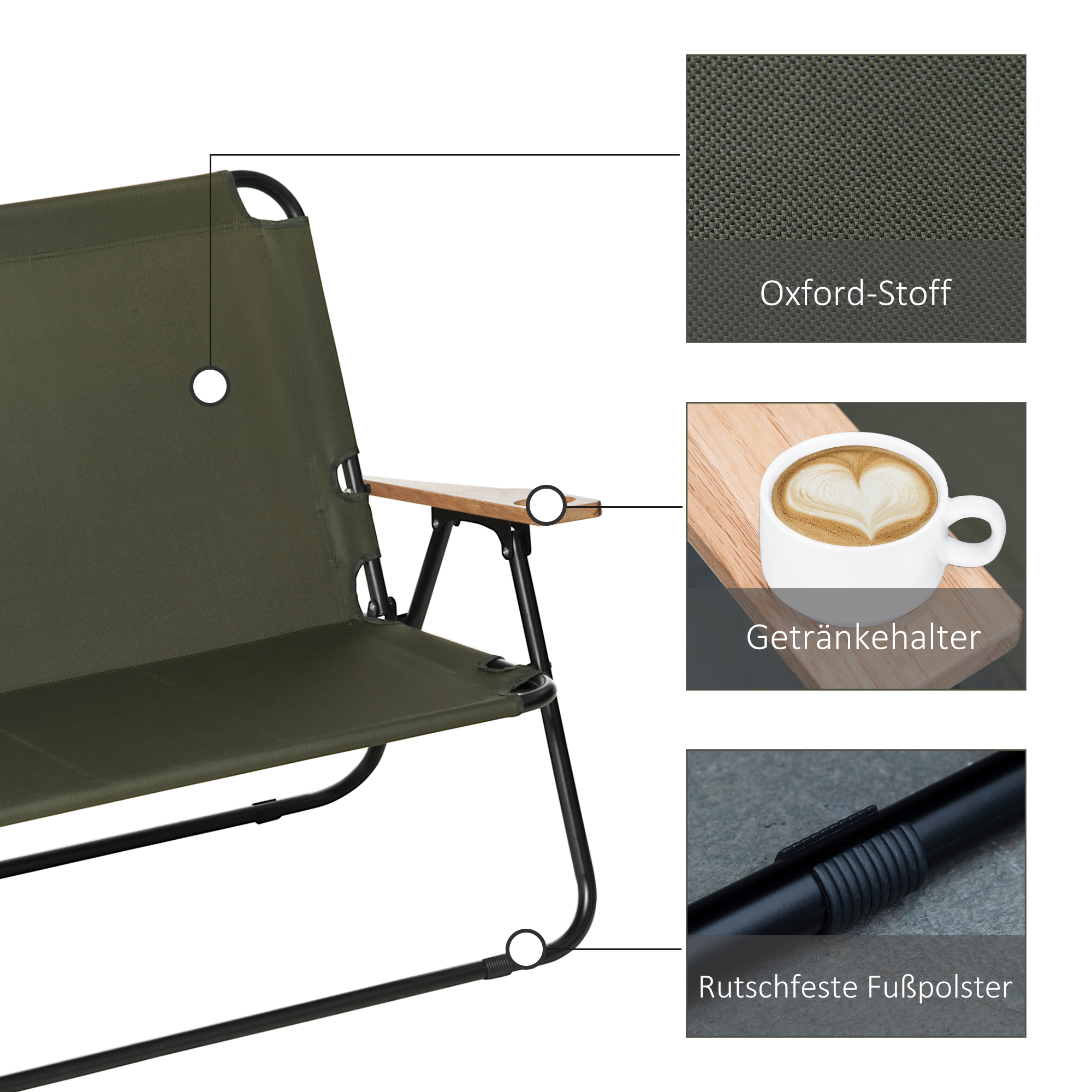 Faltstuhl 2-Sitzer faltbar Campingstuhl mit Armlehnen Getränkehalter Outdoor Klappstuhl bis 160 kg belastbar robust Angelstuhl Gartenstuhl für Garten Camping Strand