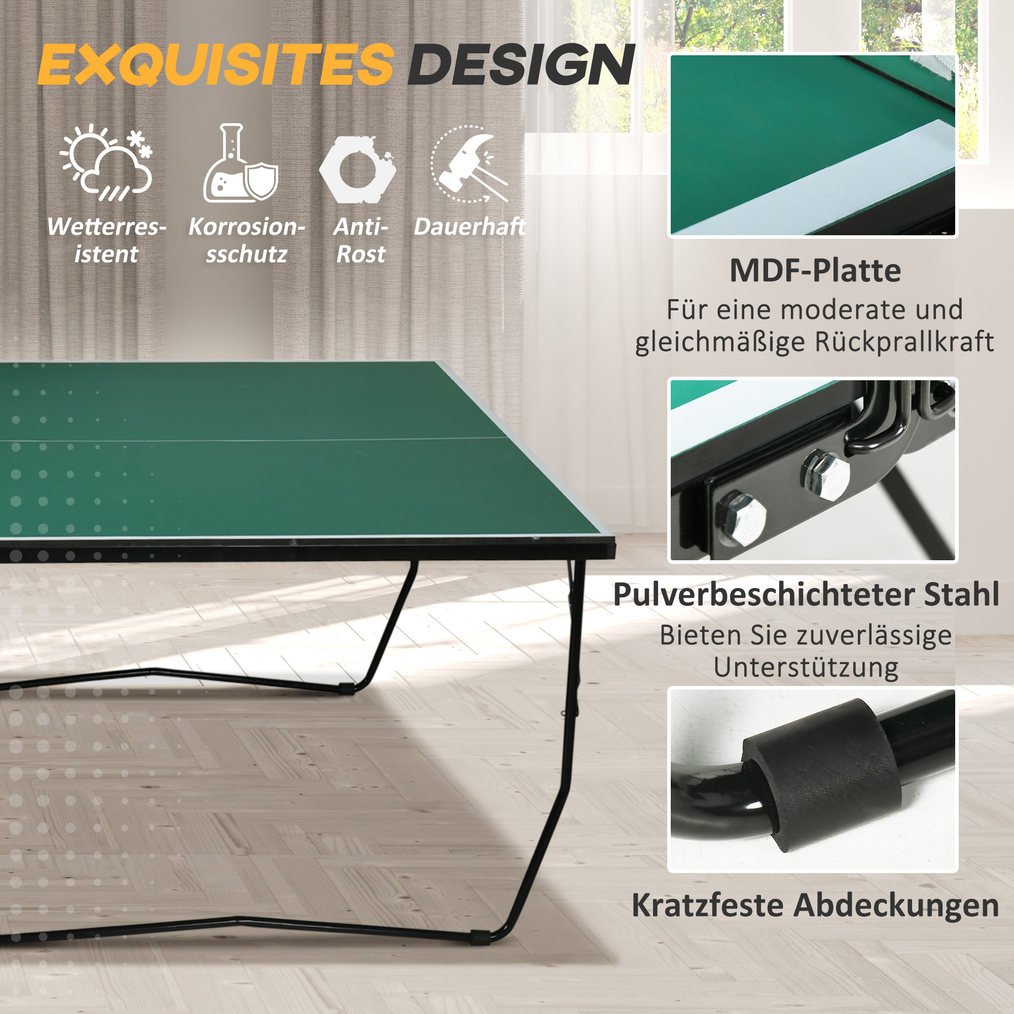 Tischtennisplatte Tischtennis-Set, klappbar, 8 Rollen, inkl. Schläger u. Bälle, 274 cm x 152.5 cm x 76 cm, Grün