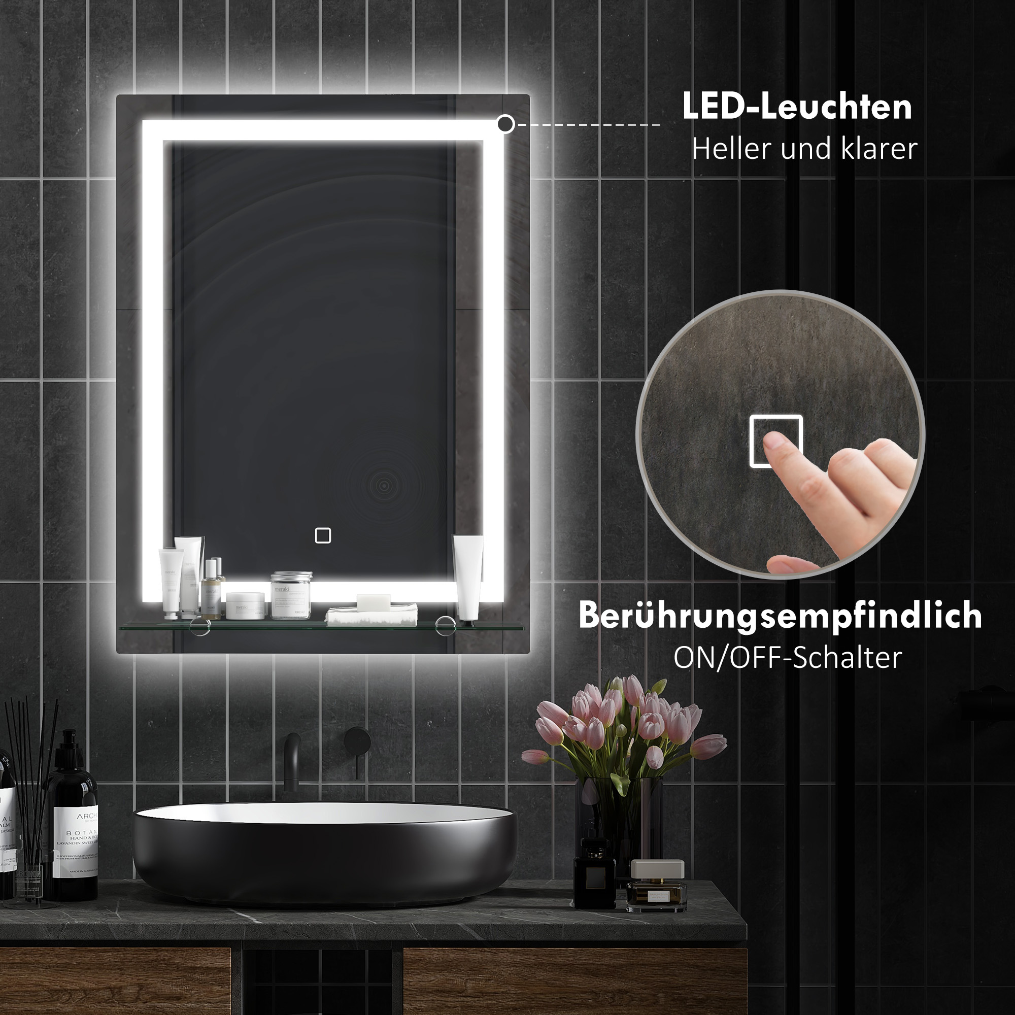 LED-Badspiegel, dimmbar, Anti-Beschlag, Touch-Schalter, Ablage, 50 x 70 cm, Silber
