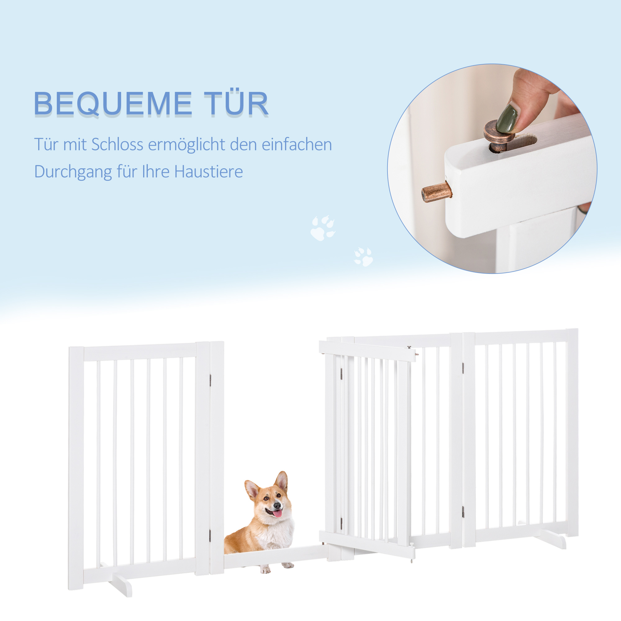 Absperrgitter Hund 4-teilig, 220 x 91 cm Faltbar Türschutzgitter mit Tür, Freistehend Hundegitter mit 2 Stützfüßen, Treppengitter aus Holz für Flur, Küche, Treppe, Weiß