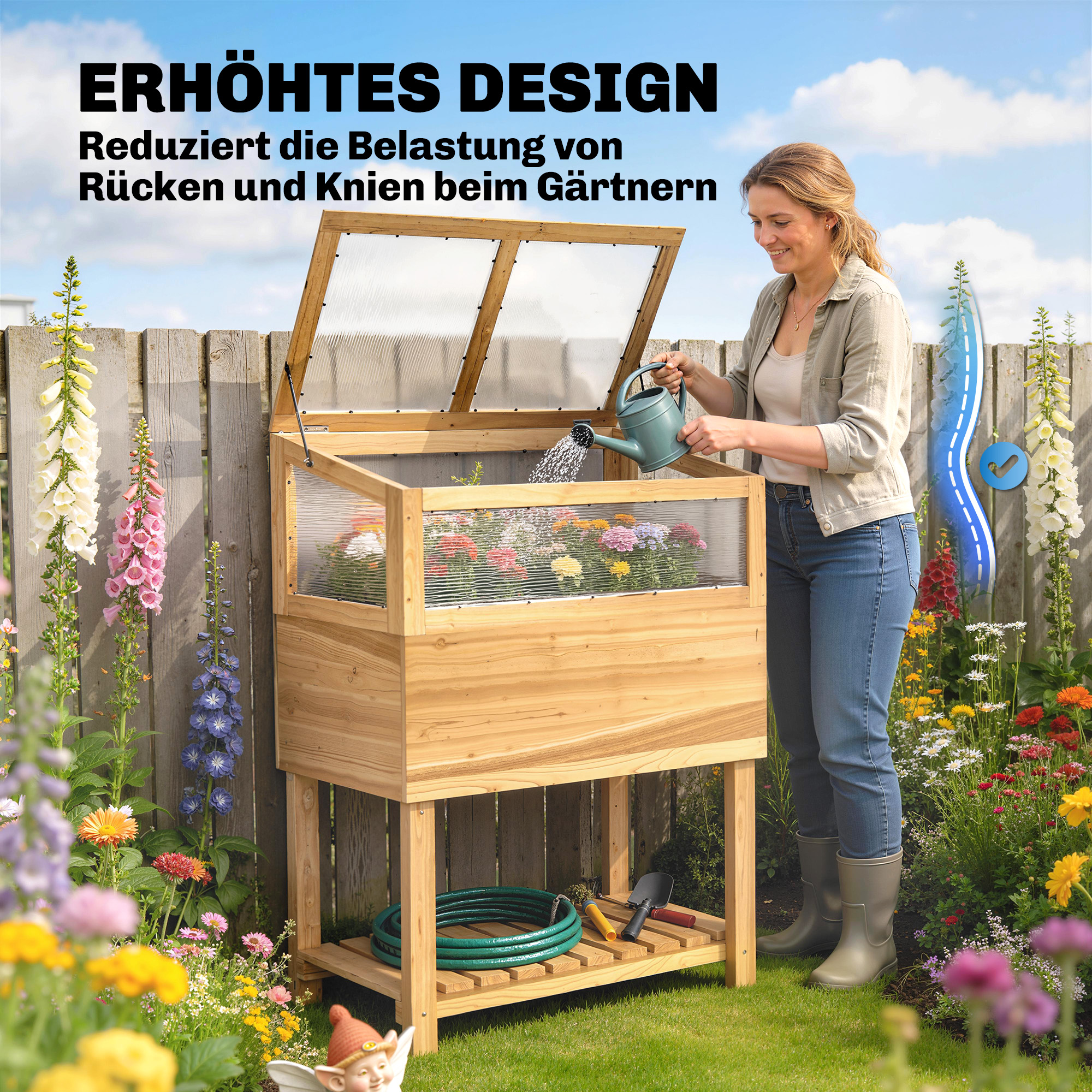 Hochbeet mit Frühbeetaufsatz aus Holz erhöhter Pflanzkasten mit aufklappbar Abdeckung Regal Vliesstoff Ergonomisch