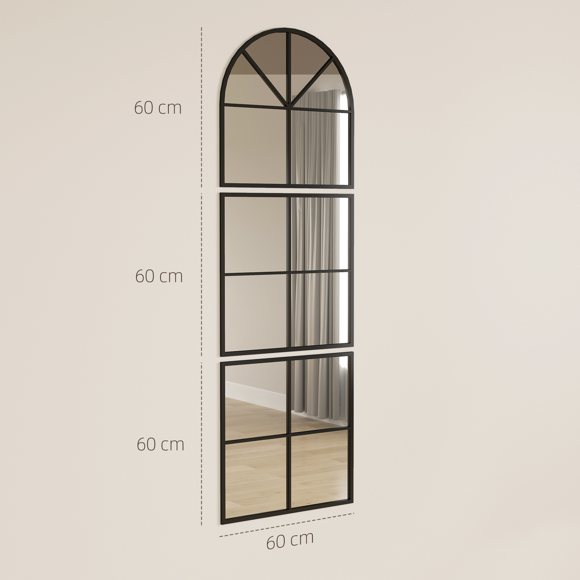 Wandspiegel dreiteilig, bogenförmiger Spiegel mit Metallrahmen, dekorativ 60 x 2 x 180 cm Schwarz