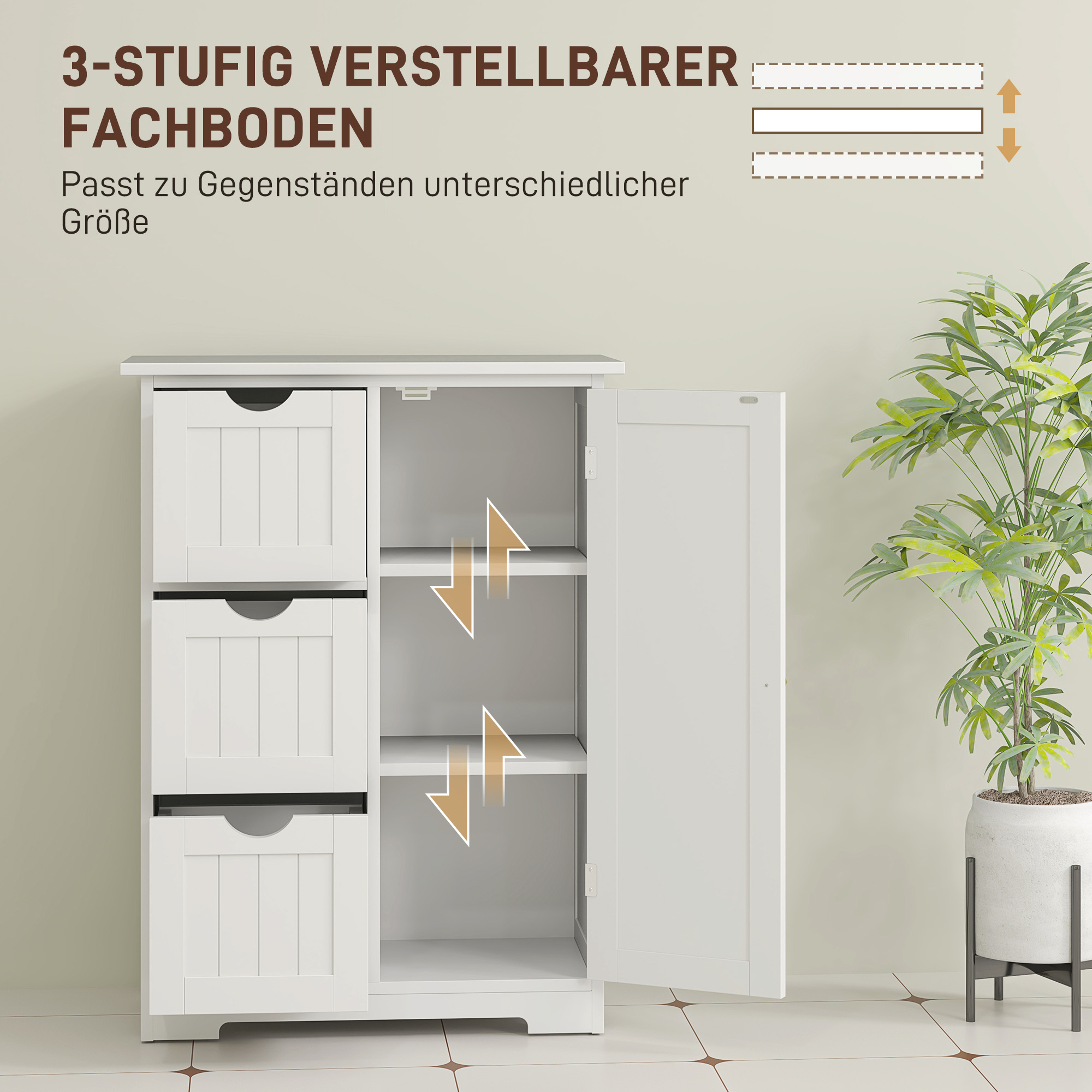Badezimmerschrank, Badkommode, 3 Schubladen, Regal, MDF, Weiß