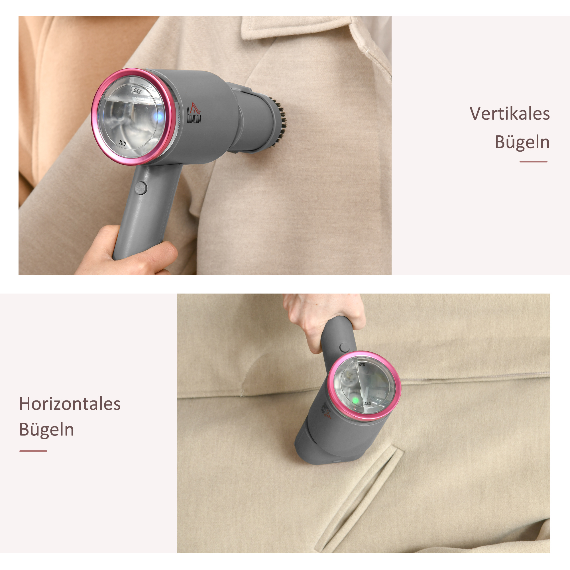Dampfglätter Dampfbürste Steamer Reisebügeleisen faltbar Kleidung Hemden Dampfbügeleisen mit 160 ml Wassertank 1520 W schnelles Aufheizen Aluminium Kunststoff Grau+Rosa 27,5 x 18,2 x 9 cm