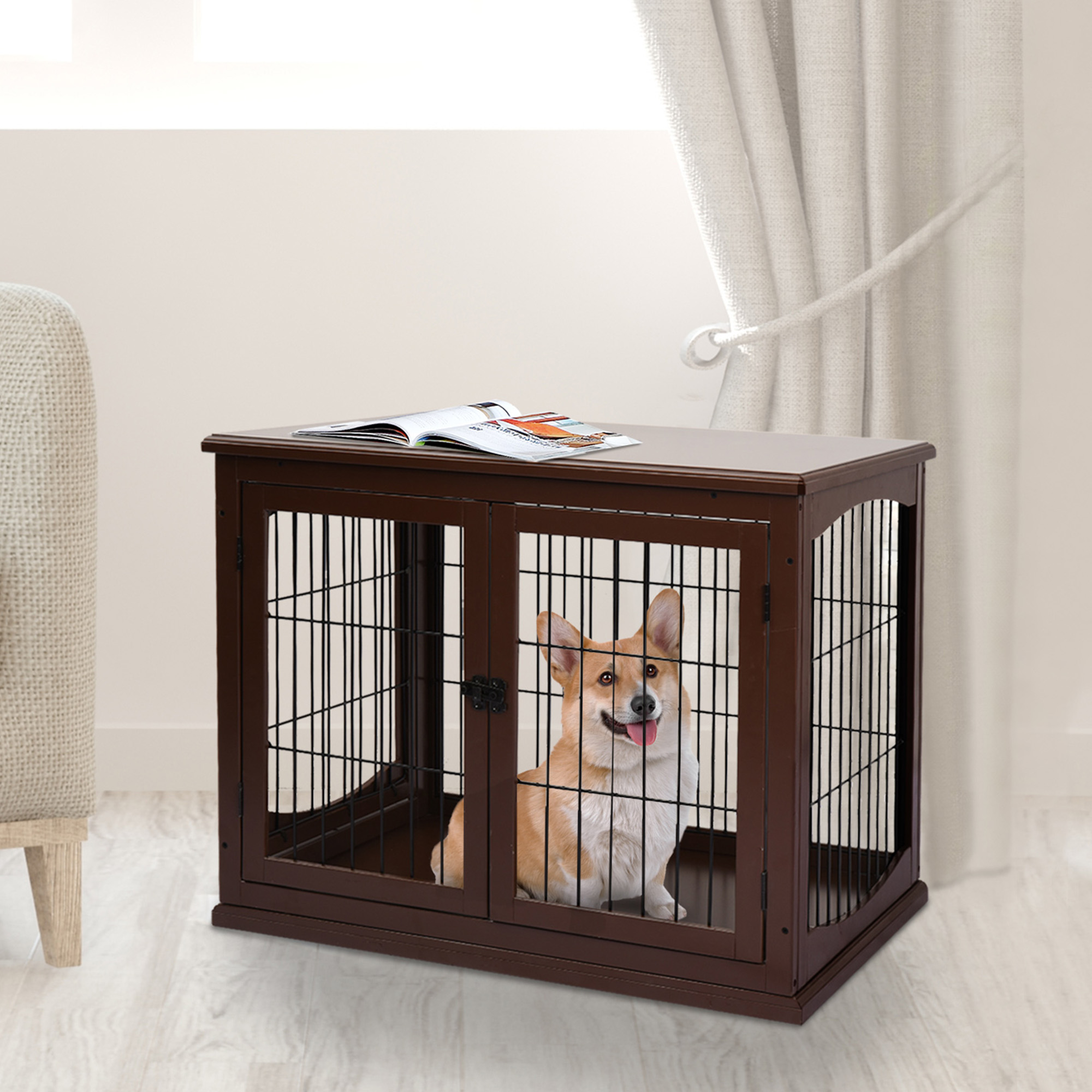 Hundebox, 2 Eingänge, abschließbar, MDF und Metall, 58,4 x 81,3 x 66 cm, Schwarz