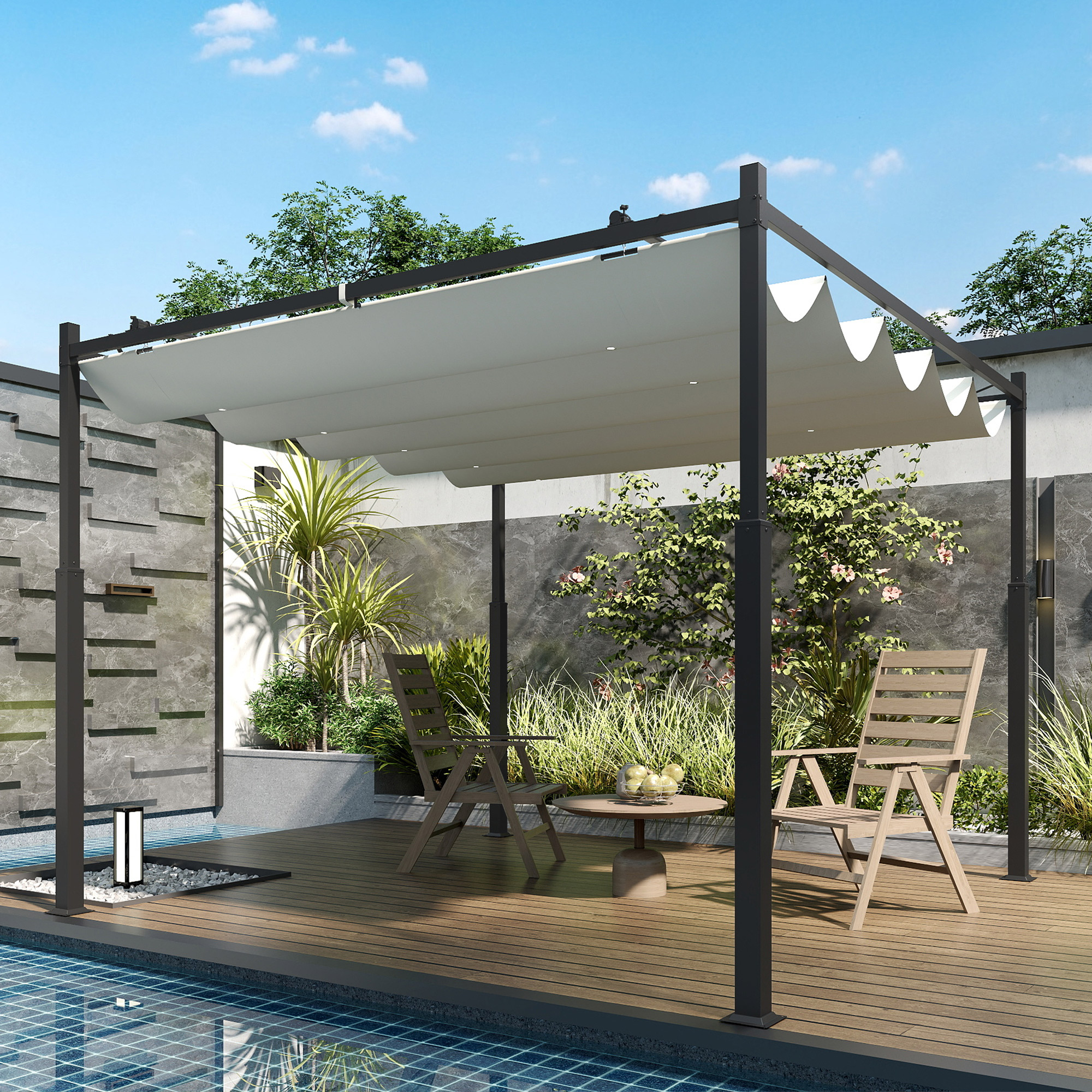 Garten-Pergola, 3 x 3 m, Ausziehbares Dach und Magnetpad, Outdoor-Baldachin, Garten-Pavillon, UPF30+, Metall, Cremeweiß