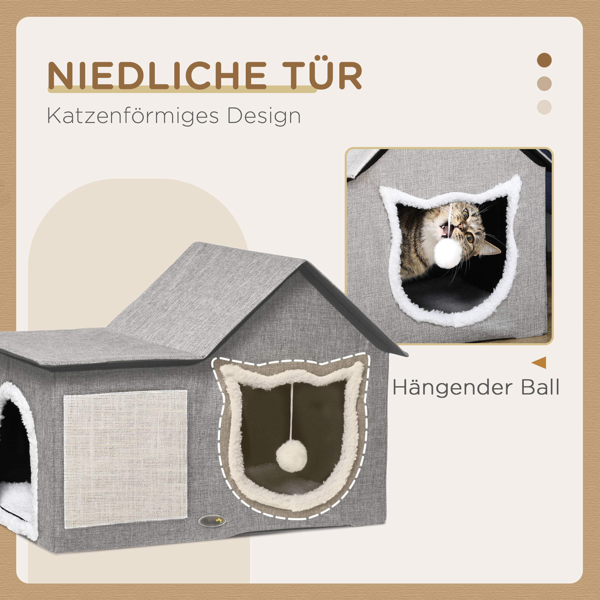 Katzenhaus mit Kratzfläche, inkl, Spielball, Katzenhöhle, 65 cm  x 41 cm x 45,5H cm, Braun + Weiß + Beige