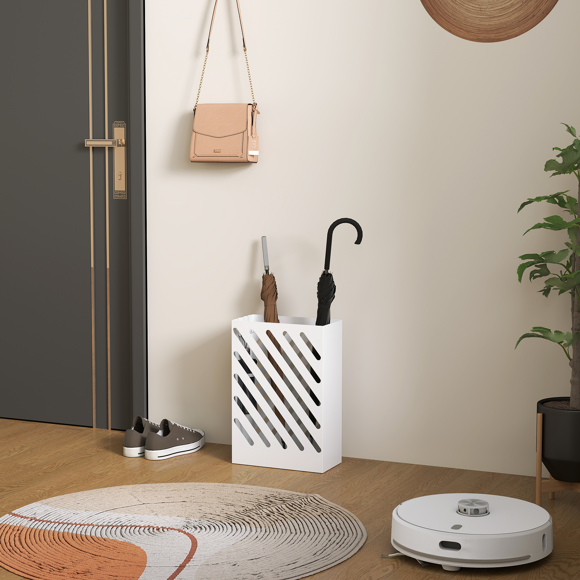 Regenschirmständer mit Tropfschale, 4 Haken, Stahl, 28L x 14B x 41H cm, Weiß