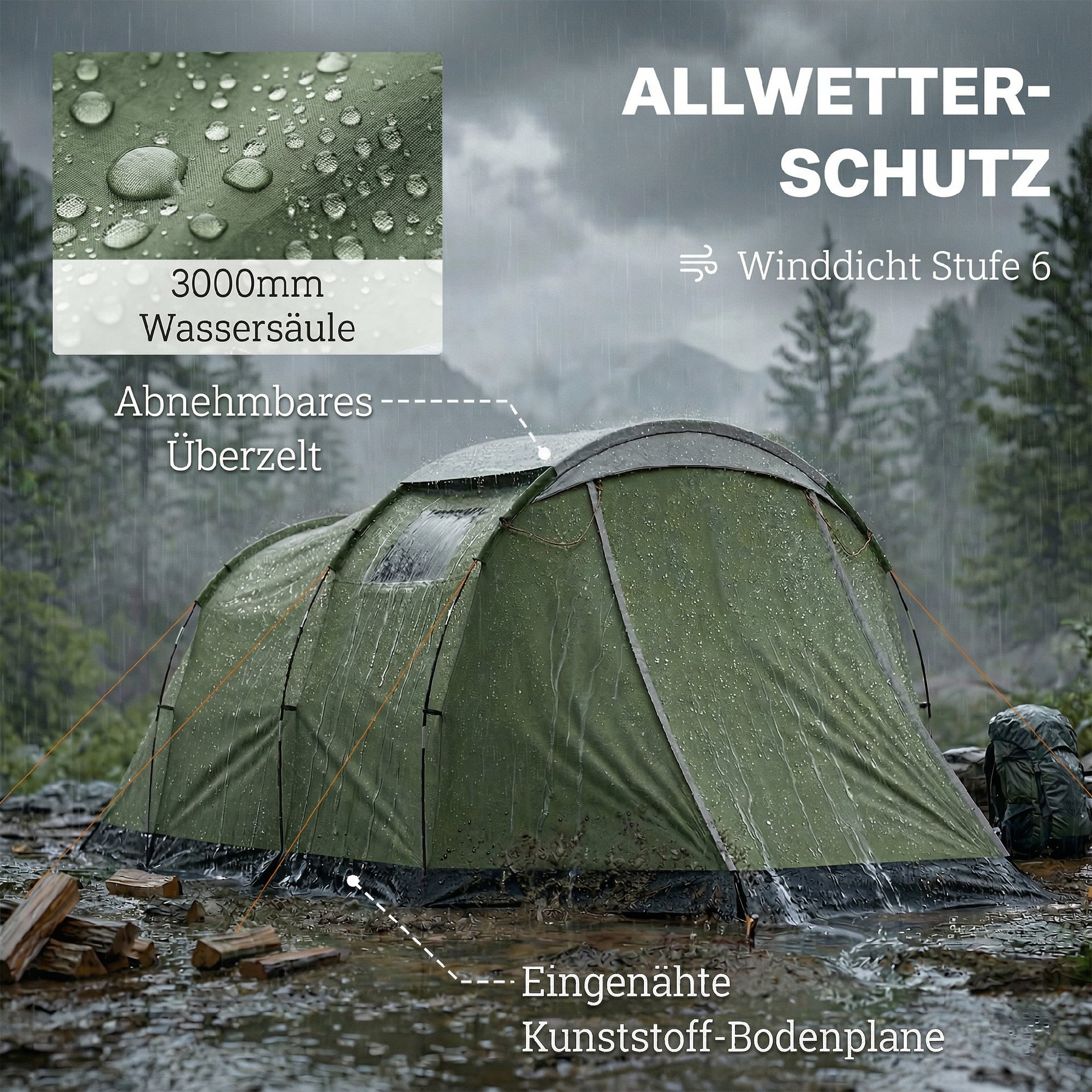 Campingzelt für 3-4 Personen stabil 3000mm wasserdicht Familienzelt mit Schlafkabine Vorraum Wohnbereich Grün
