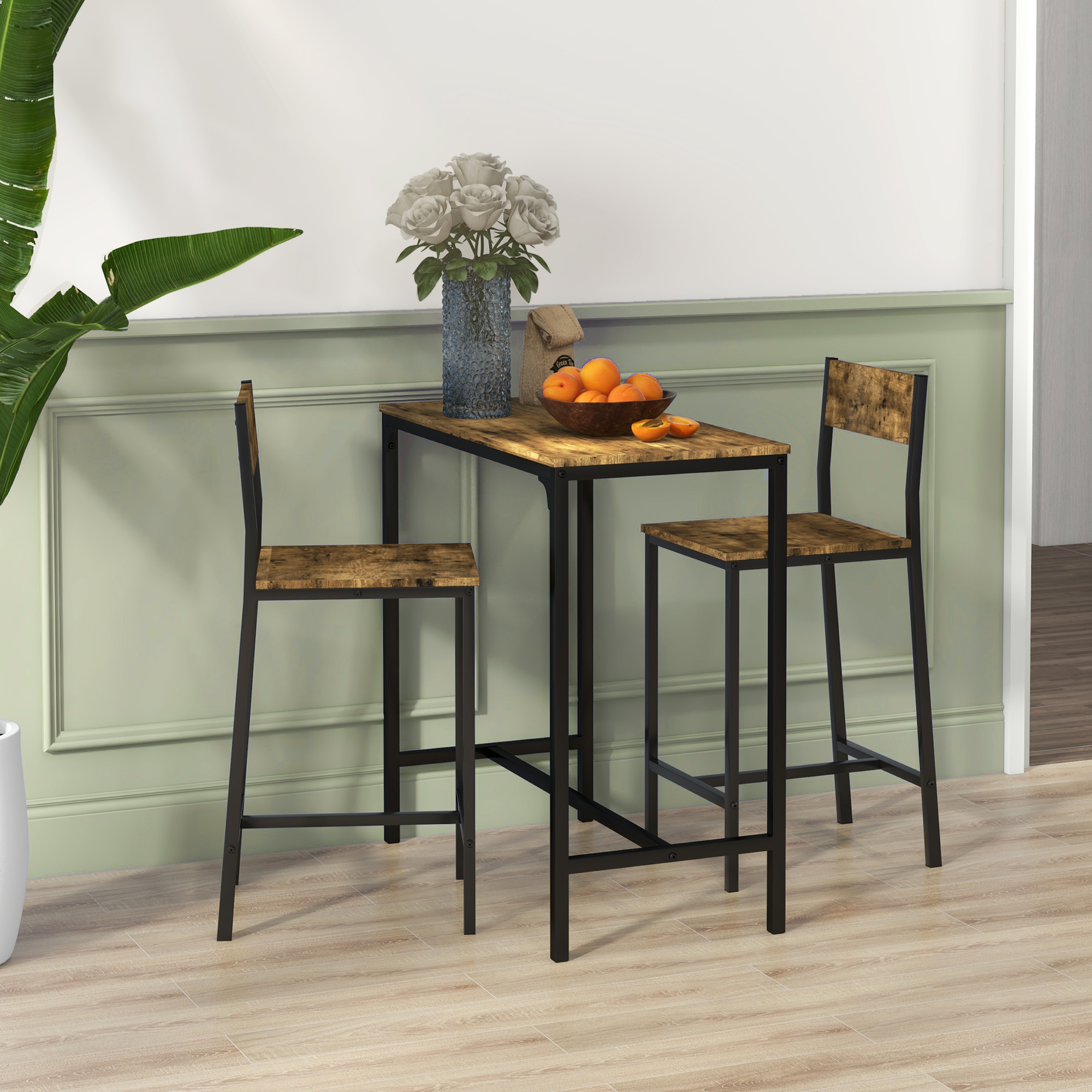 3-teiliges Bar-Set, Stehtisch, 2 Stühle, MDF, Metallrahmen, wasserfest, Braun