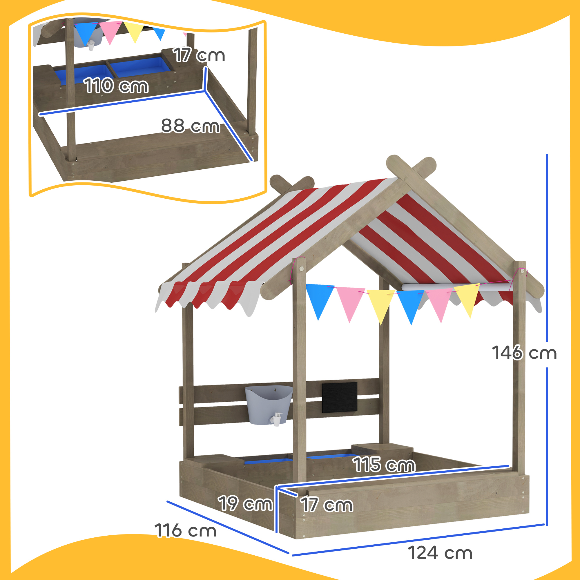 Sandkasten mit Sonnenschutz, Spielhaus-Design, mit Spielzeug-Set, behandeltes Massivholz, 124 x 116 x 146 cm, Grau