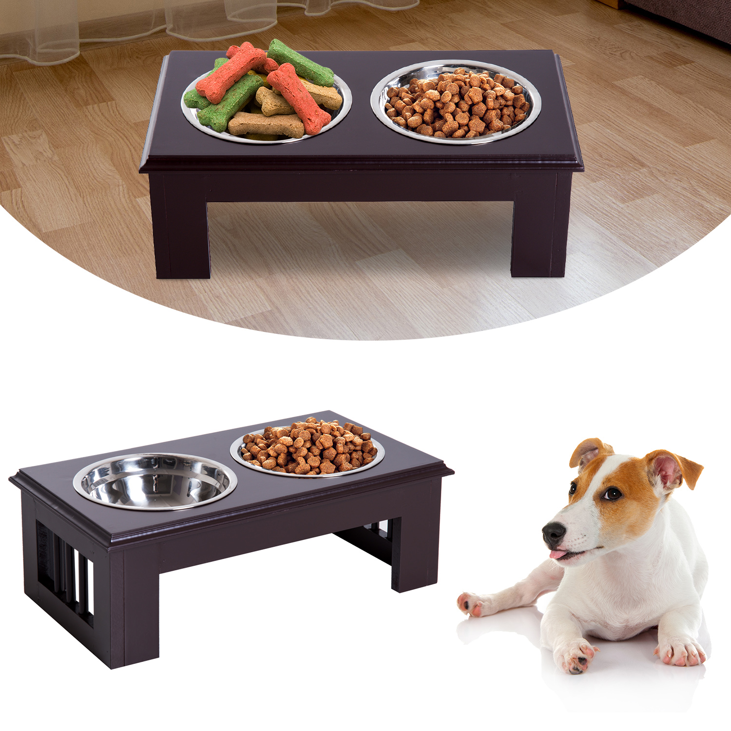 Erhöhter Hundenapf Futternapf mit 2 Näpfe Wassernapf 2 x 900ml Edelstahlnäpfen Fressnapf Futterstation Hundenäpfe für kleine Hunde Katzen Espresso