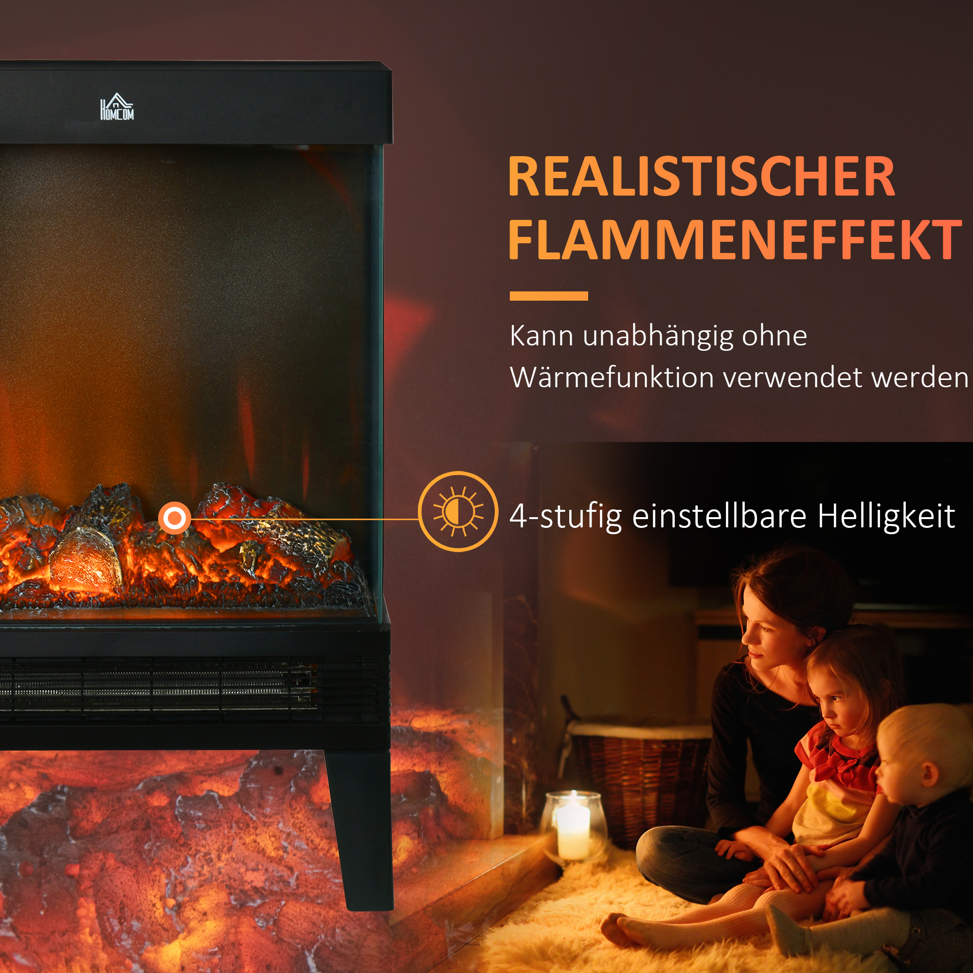 Elektrokamin, 2000 W, Standkamin mit HeizungLED 3D-Flammeneffekt, 4 Helligkeitsstufen, Elektrischer Kamin mit Thermostat, Überhitzungsschutz, Schwarz