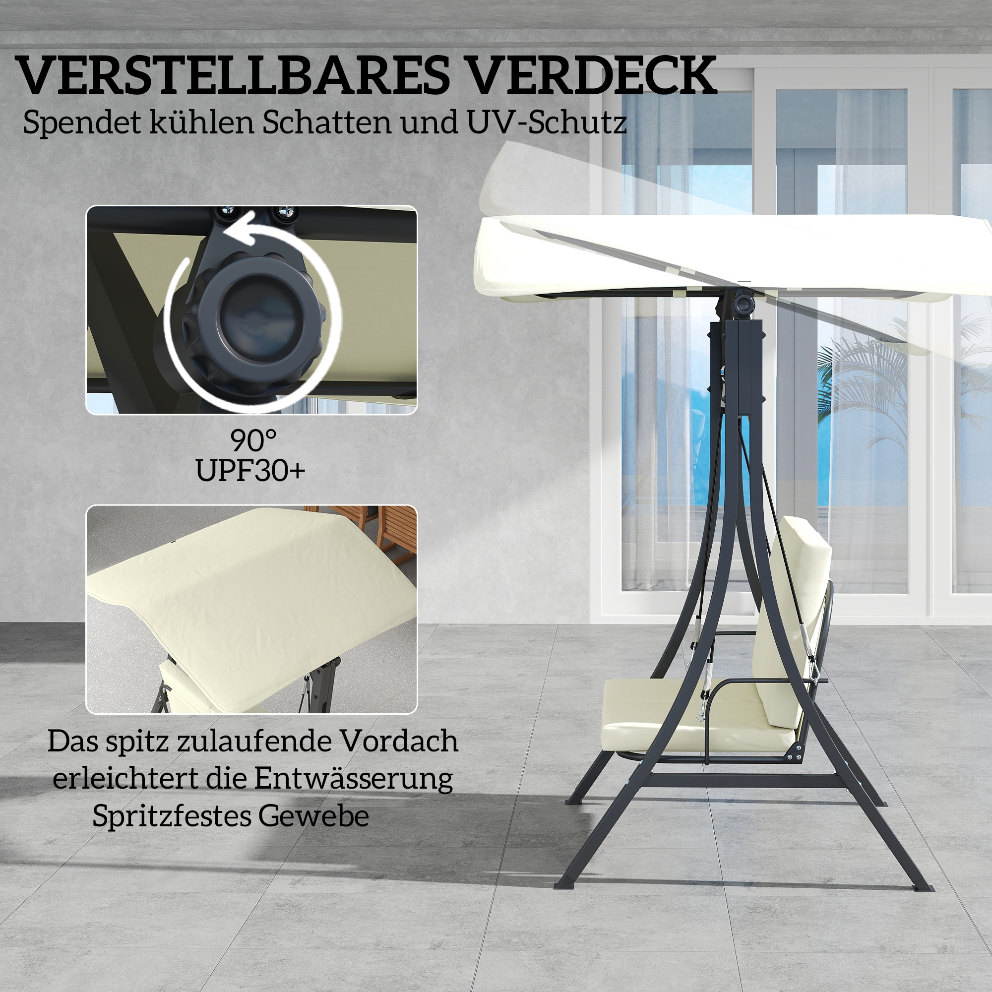 Hollywoodschaukel mit verstellbarem Sonnendach Sitzauflage, 2-Sitzer bis 220kg 150x120x182cm, Cremeweiß