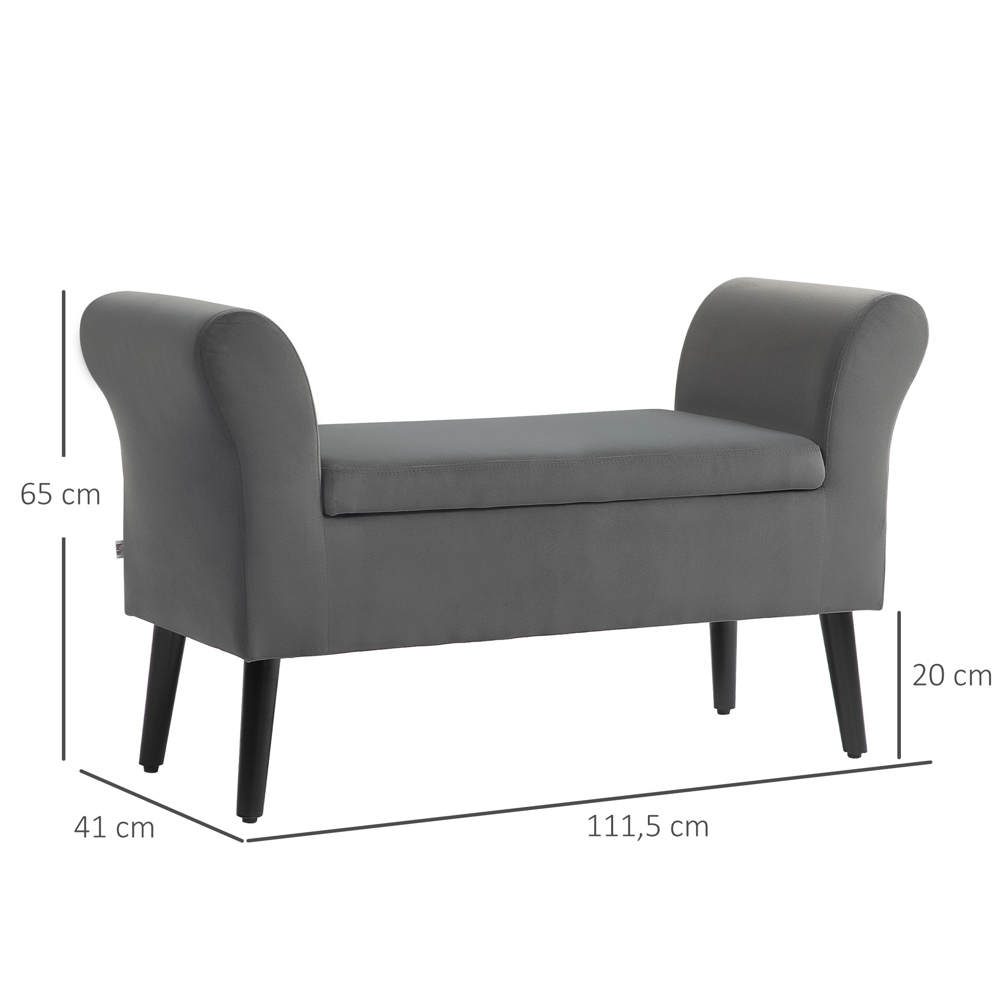 Polsterbank mit Stauraum, Truhenbank mit Armlehnen, 46 cm Sitzhöhe, samtartiges Polyester, 111,5 x 41 x 65 cm, Dunkelgrau