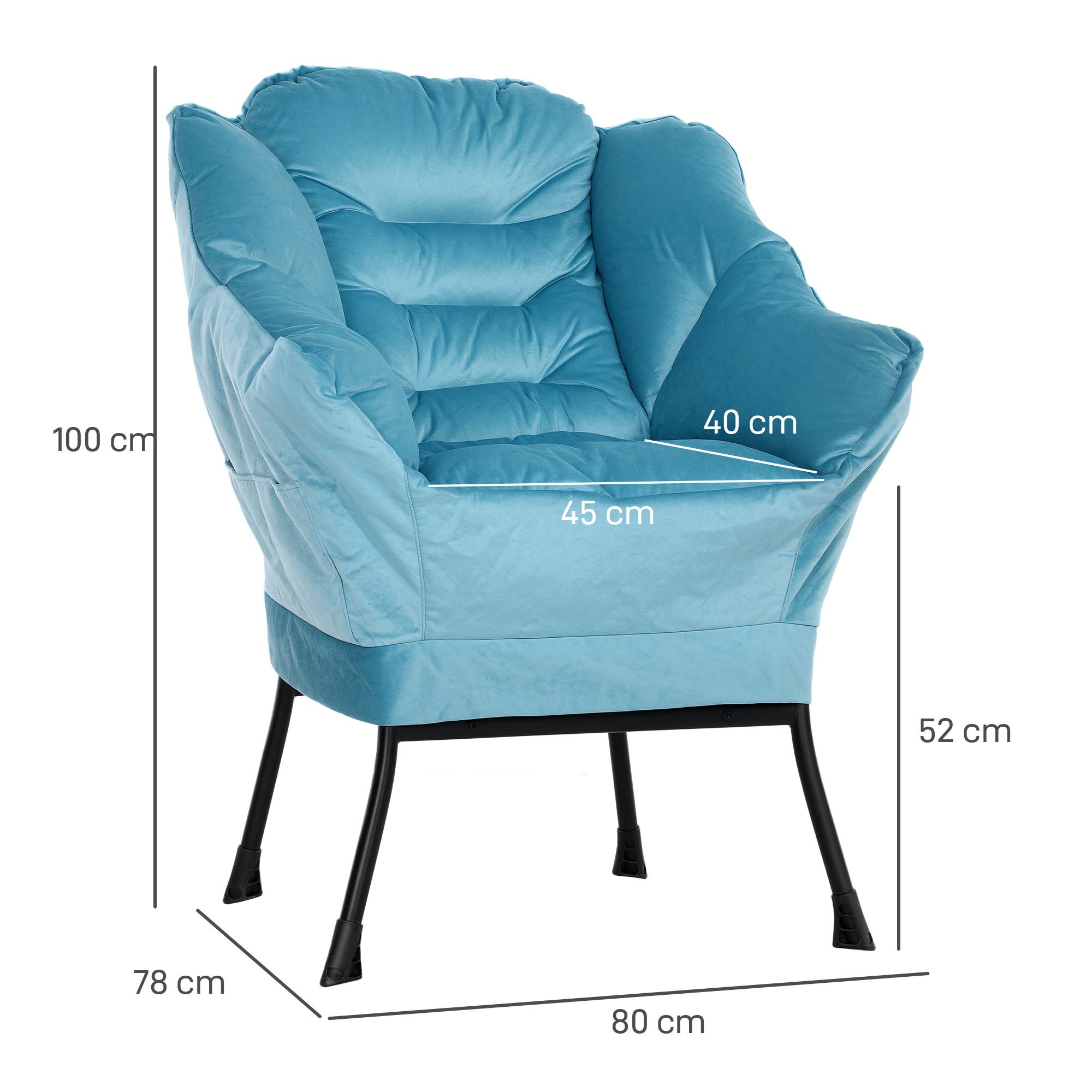 Moderner Akzentstuhl, Polsterstuhl mit Stahlbeinen und Seitentaschen, für Wohnzimmer, Schlafzimmer, Blau
