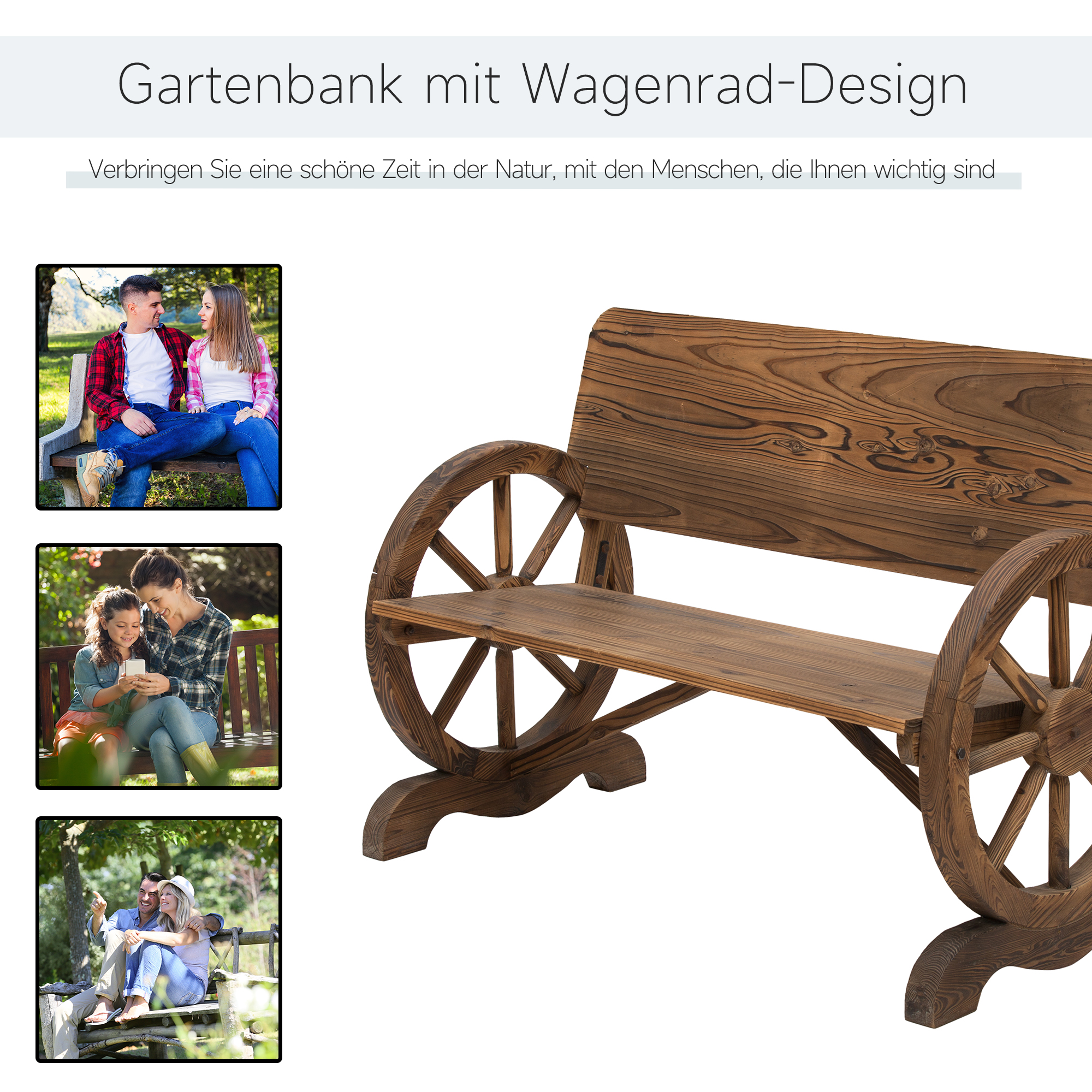 2-Sitzer Gartenbank Massivholz mit Armlehne, Sitzbank mit Wagenräder-Design, Gartenmöbel 250kg belastbar, Rustikale Bank, 114 x 58 x 80 cm, Braun