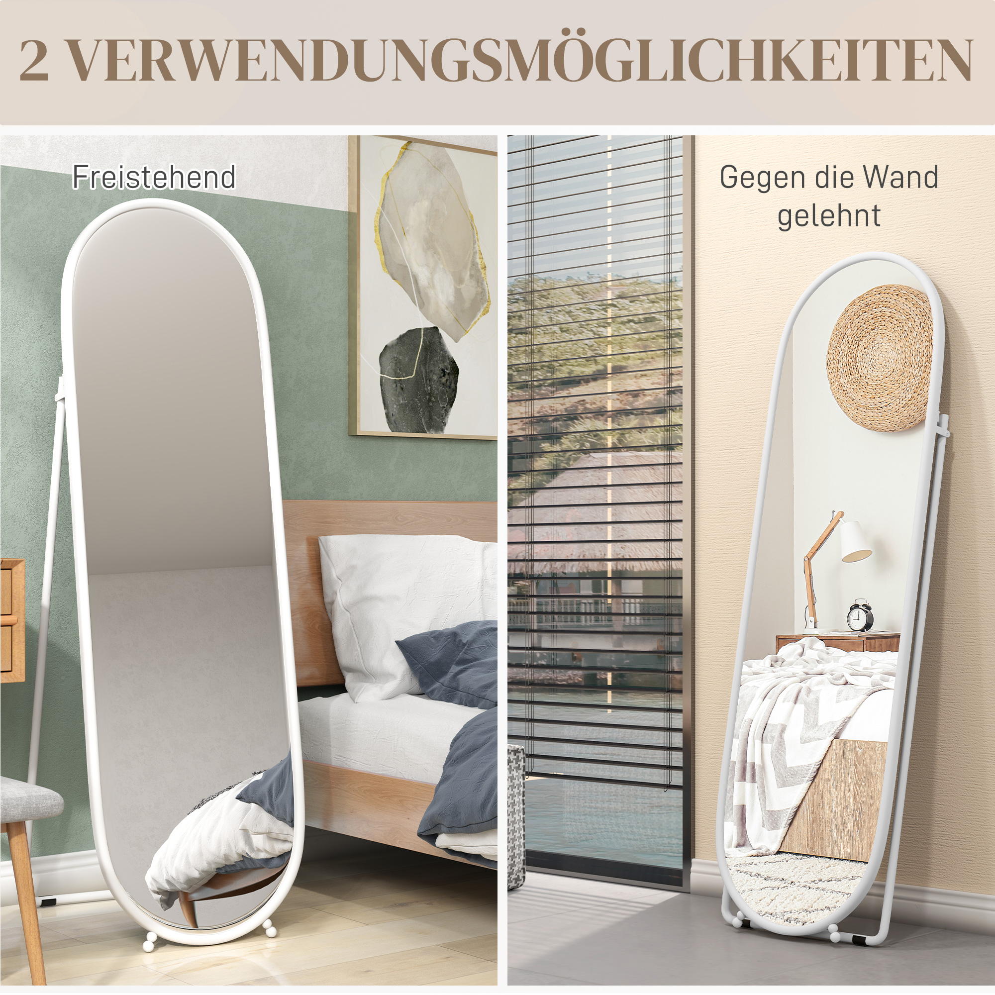 Ganzkörperspiegel, ovale Form, freistehend, Metallrahmen, 40x160cm, Farbe: Weiß
