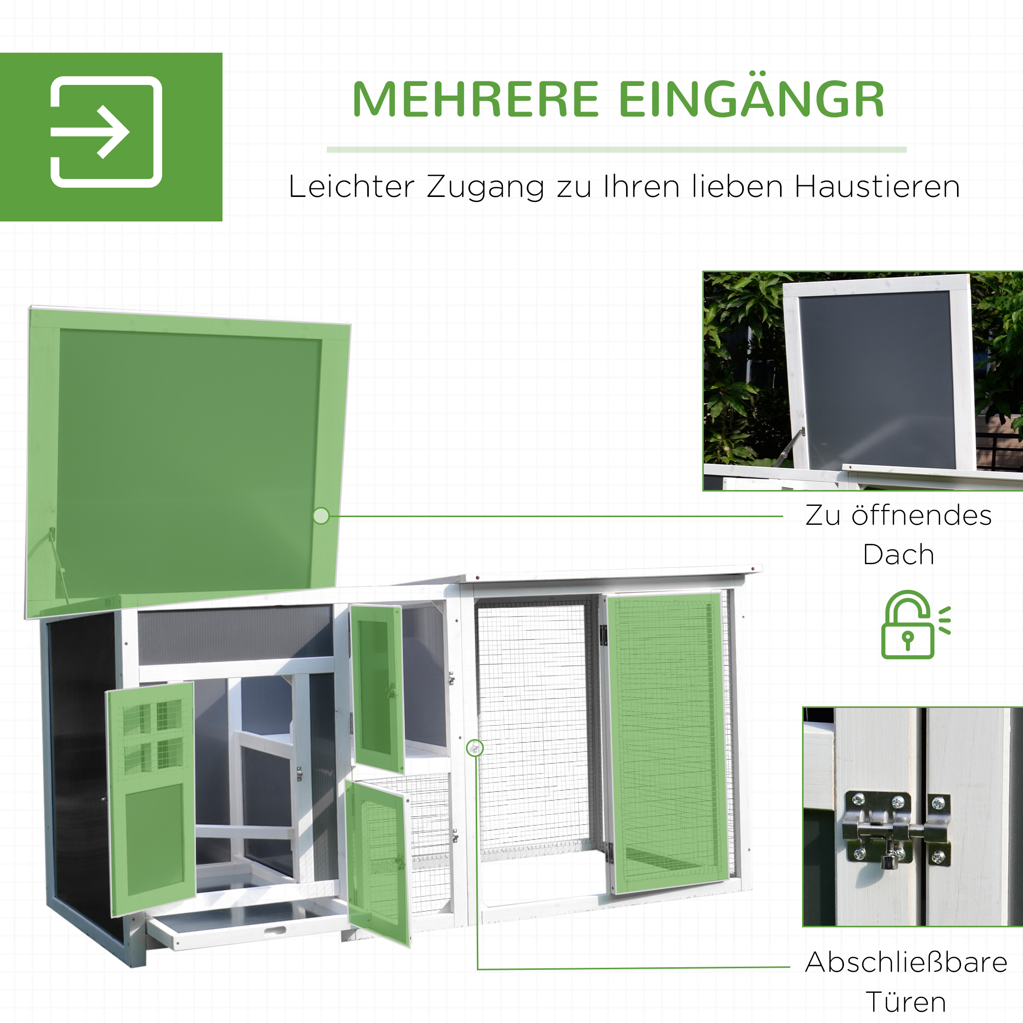 Hühnerstall Hühnerhaus Geeignet für 1-2 Hühner, mit Nistkasten Eierkiste mit 2 Fächern, Tanne, Grau+Weiß, 160 x 75 x 80 cm