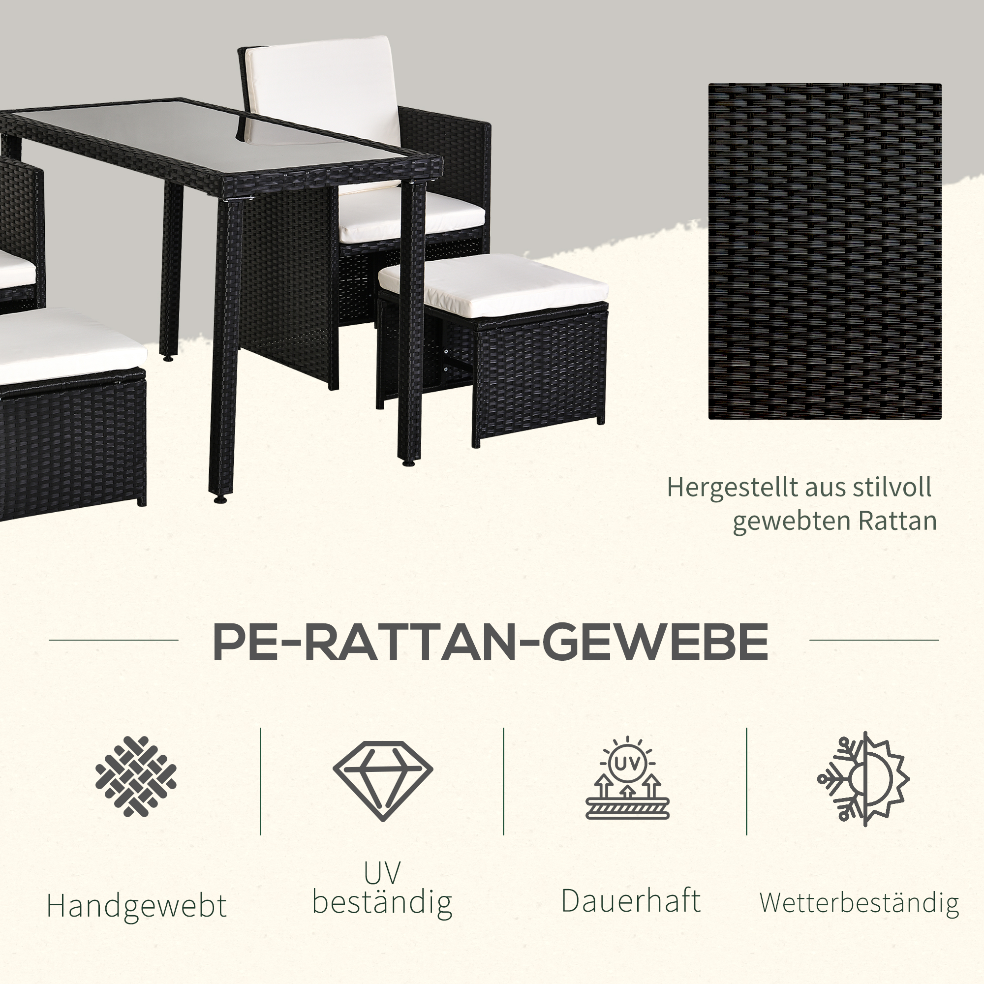 Polyrattan Sitzgruppe Essgruppe Gartenset Garnitur 11 tlg. mit Kissen Schwarz