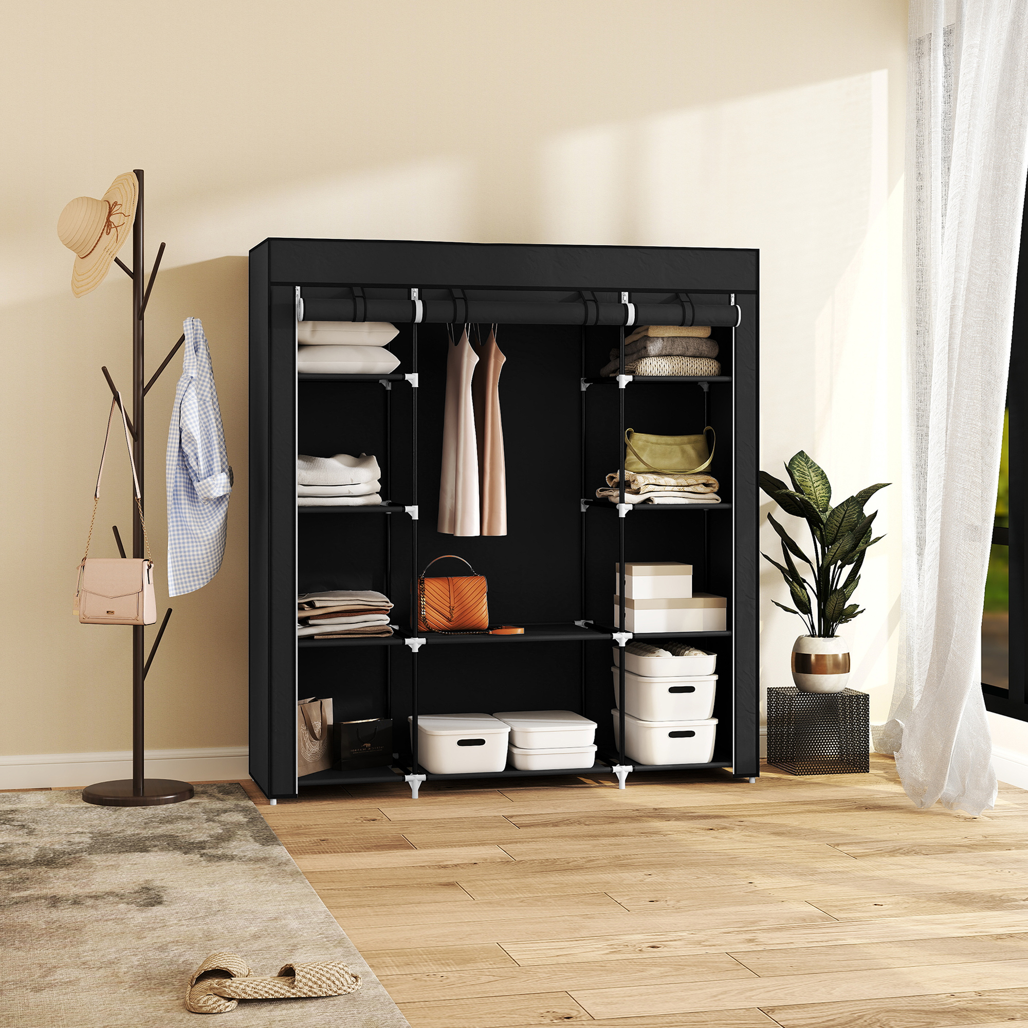 Stoffschrank aus Vlies, Faltschrank, 1 Kleiderstange, 9 Regale, 150 cm x 43 cm x 162,5 cm, Schwarz