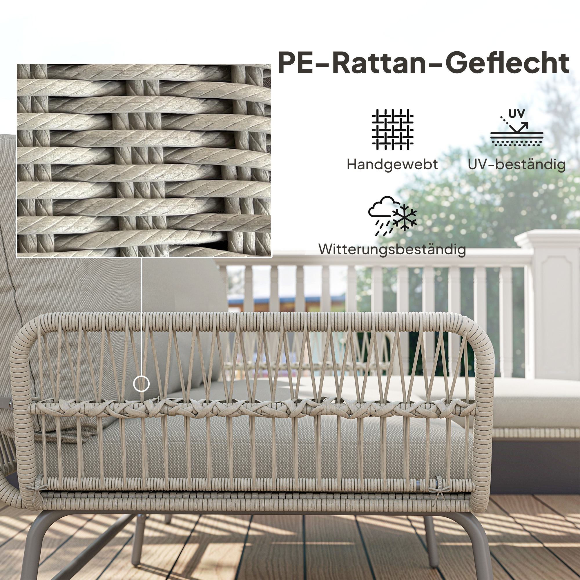Polyrattan Gartenmöbel Set 3-teilig, Lounge Set mit Chaiselongue Zweisitzersofa Glastisch abnehmbar Kissen