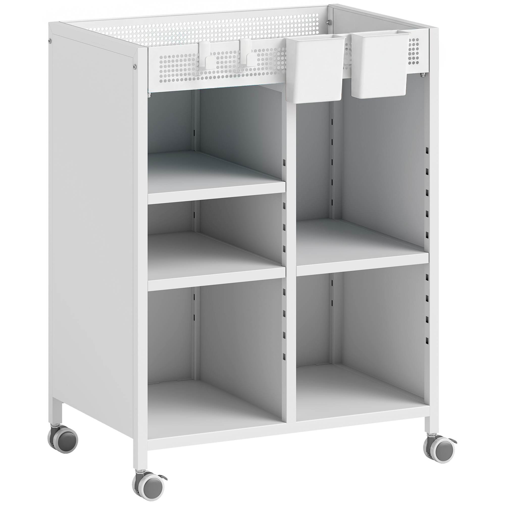 Bücherregal auf Rollen, 4-stufig, verstellbare Regalböden & Hängekörbe für Home Office und Wohnzimmer, Weiß