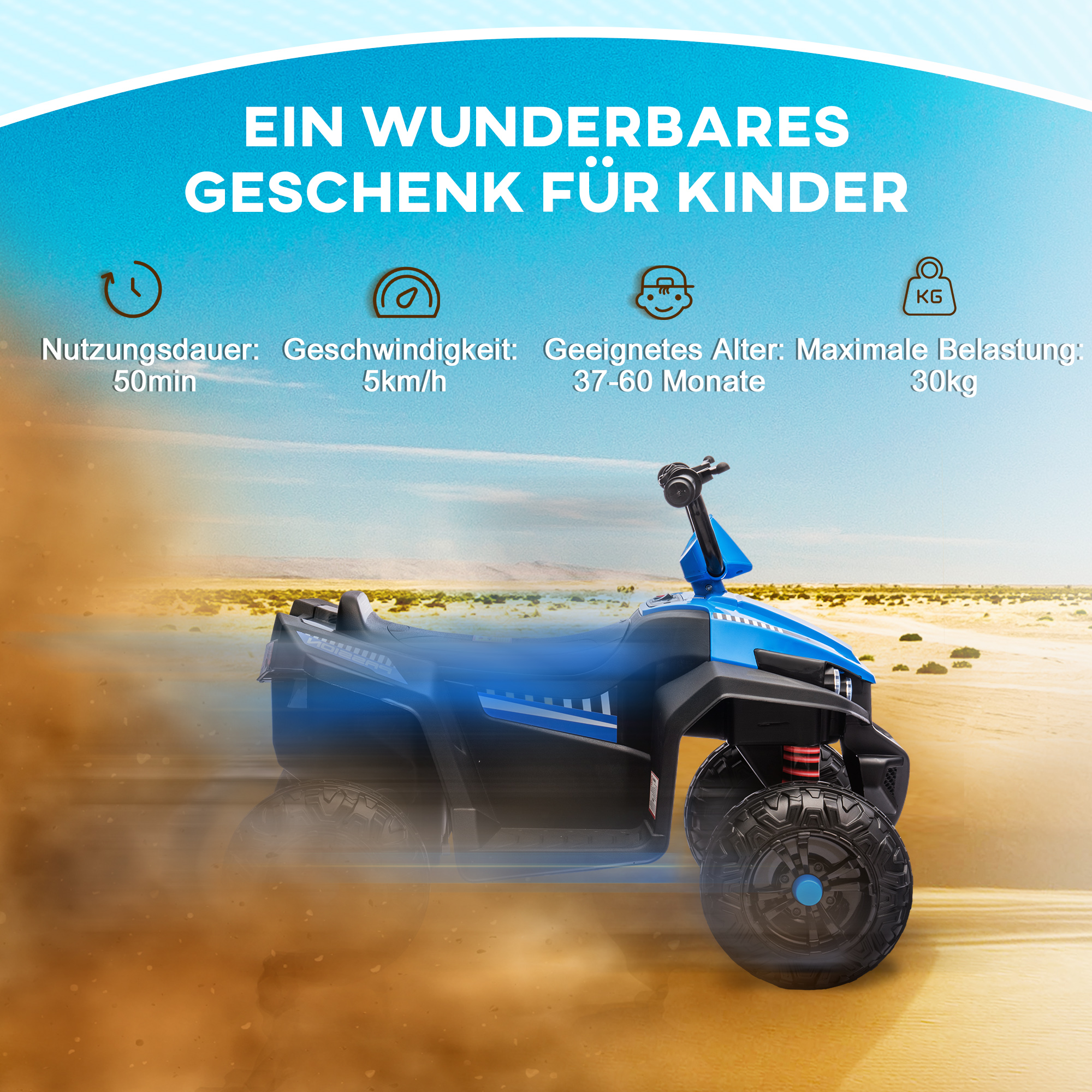 Elektro-Kinderquad, Licht & Musik, Federung, 5 km/h, 50 Min. Fahrzeit, für 3-5 Jahre, Blau