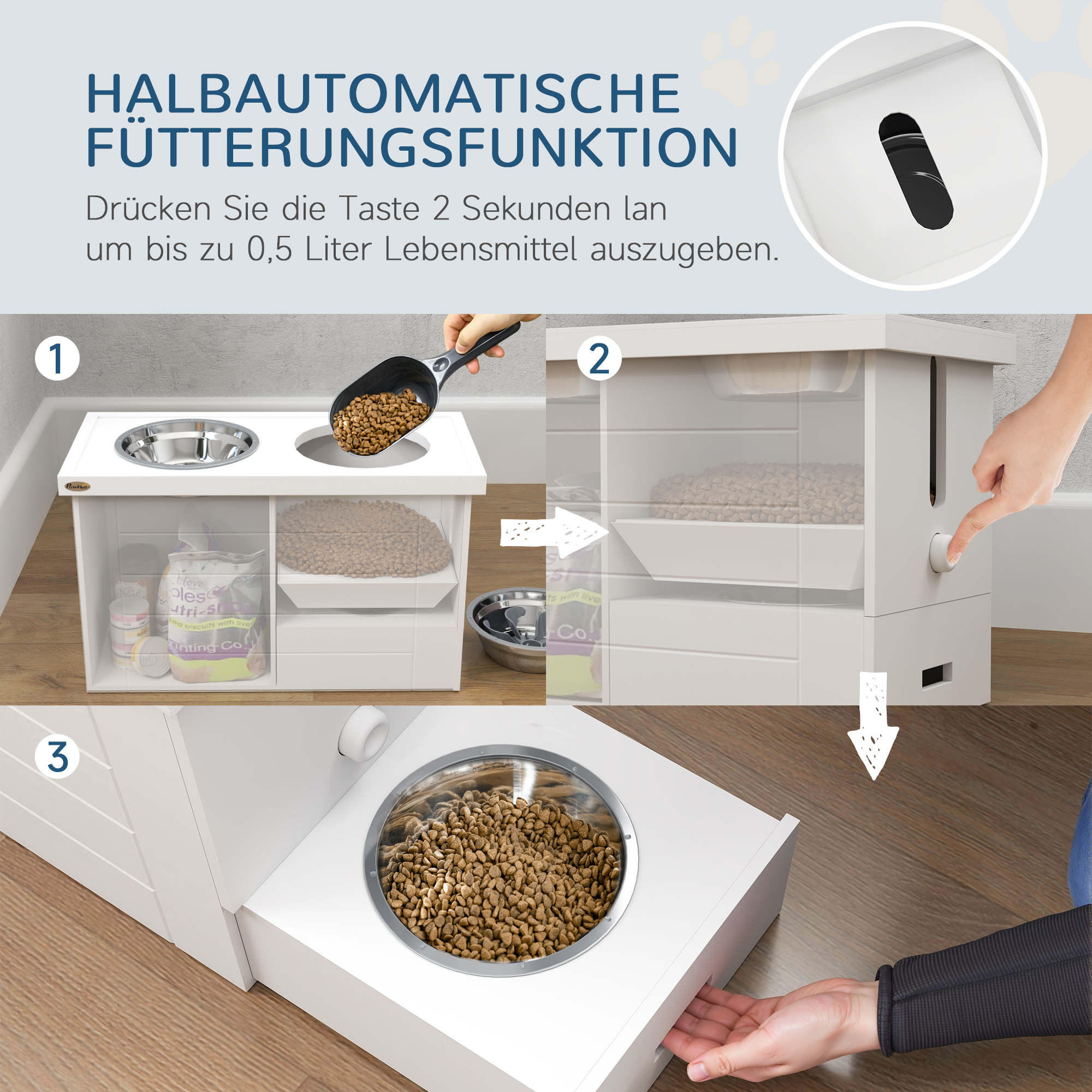 2-in-1 Erhöhter Hundenapf Höhenverstellbar Futternapf mit Ständer 2 x 2L Edelstahlnäpfen Weiß